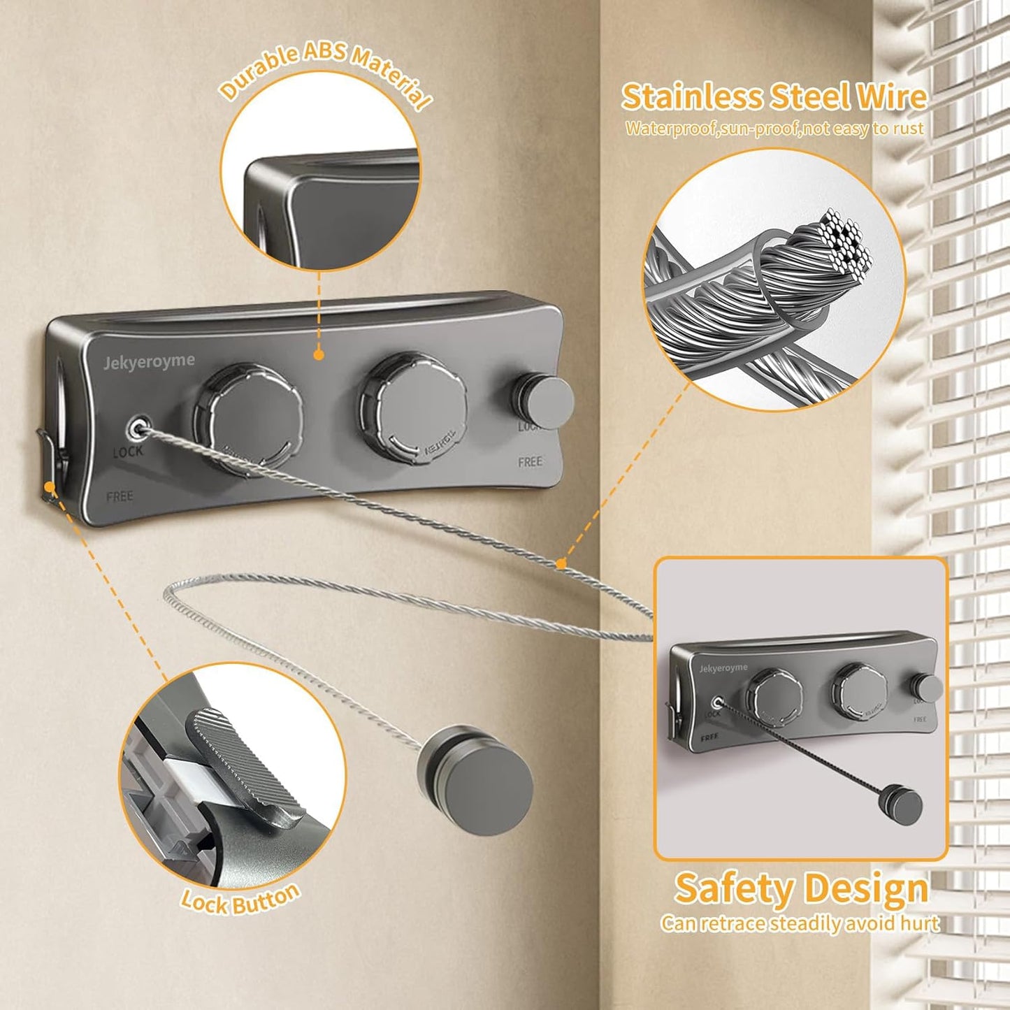 Retractable Clothesline Indoor & Outdoor, Non-Sagging Wall Mounted Drying Rack Clothesline, 16.7 Ft Stainless Steel Wire Double Clothes Lines, Hanging Clothes line for Balcony, Courtyards(Grey)