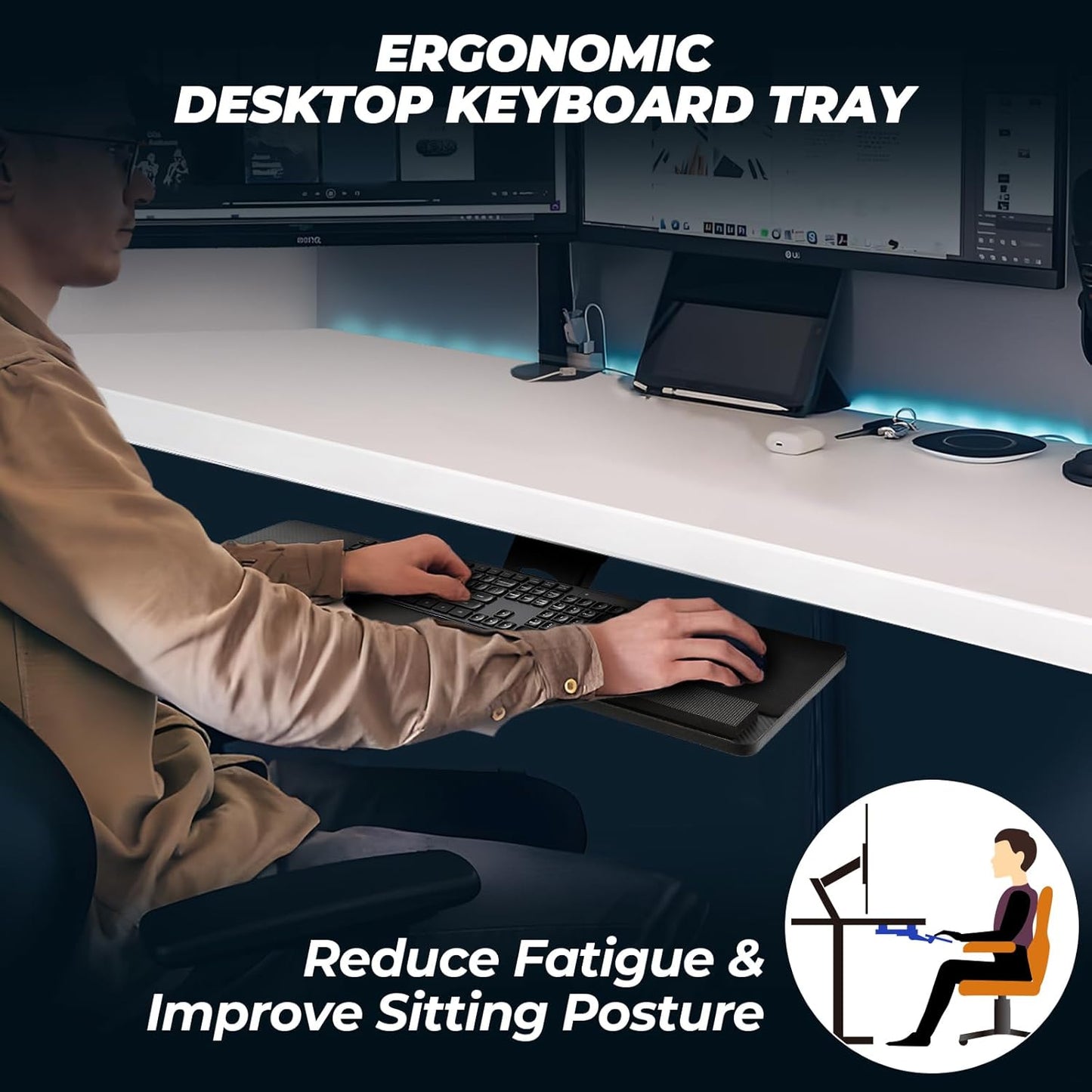 FAHKNS Keyboard Tray - Ergonomic Large Size Keypad Tray Holder， 360° Adjustable Slide Out Keyboard Tray Under Desk with Mouse Pad & Wrist Rest， Suitable for Office/Game/Home