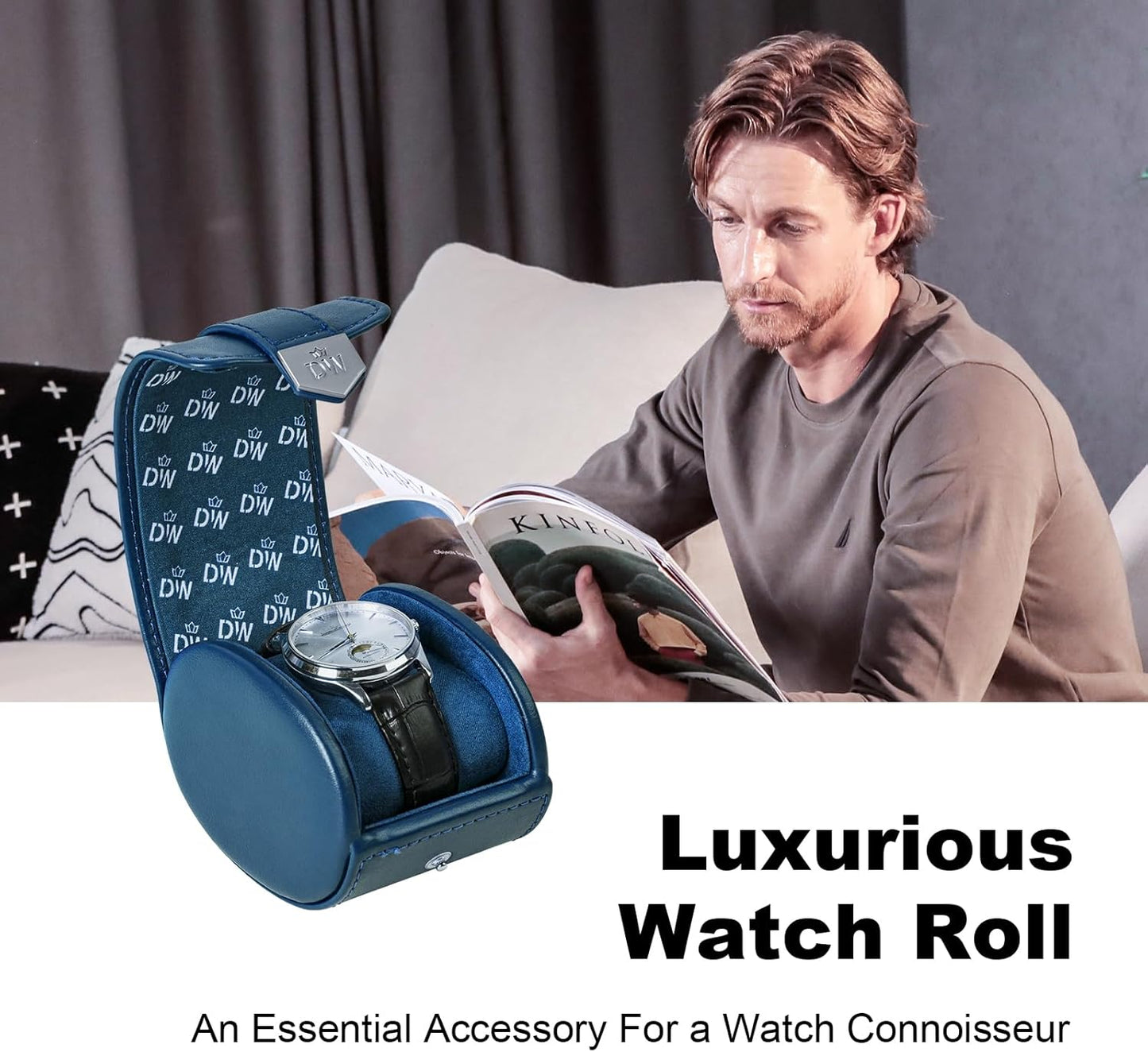 DUKWIN Watch Roll,Vegan Leather Travel Single Watch Case Organizer with Removable Pillows for Men and Women,Display Case for All Watches Collection and Gift for Anniversary Birthday(Blue Storage Box)