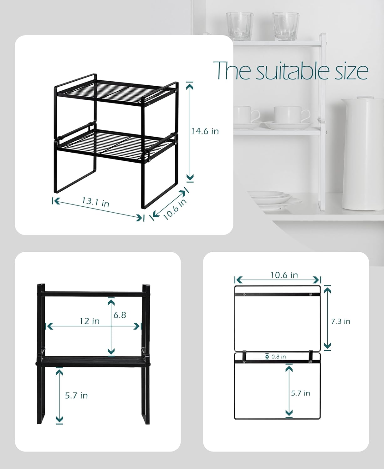 2Pack Kitchen Cabinet Shelf Counter Organizer Rack Pantry Storage Bathroom Bedroom Office Table Desk Space Saving Stackable Rust Resistant Non Slip Black Wide L13.1in W10.6in H7.3in