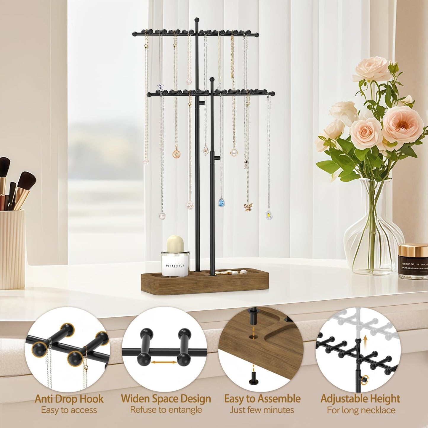 MODOWEY Necklace Holder Organizer Stand with 36 Hooks, Tall Display Tree Rack for Women Men Jewelry Storage, Adjustable 2 tier Metal Hanger Wood Tray for Vendor, Large Capacity for Dresser Small Space
