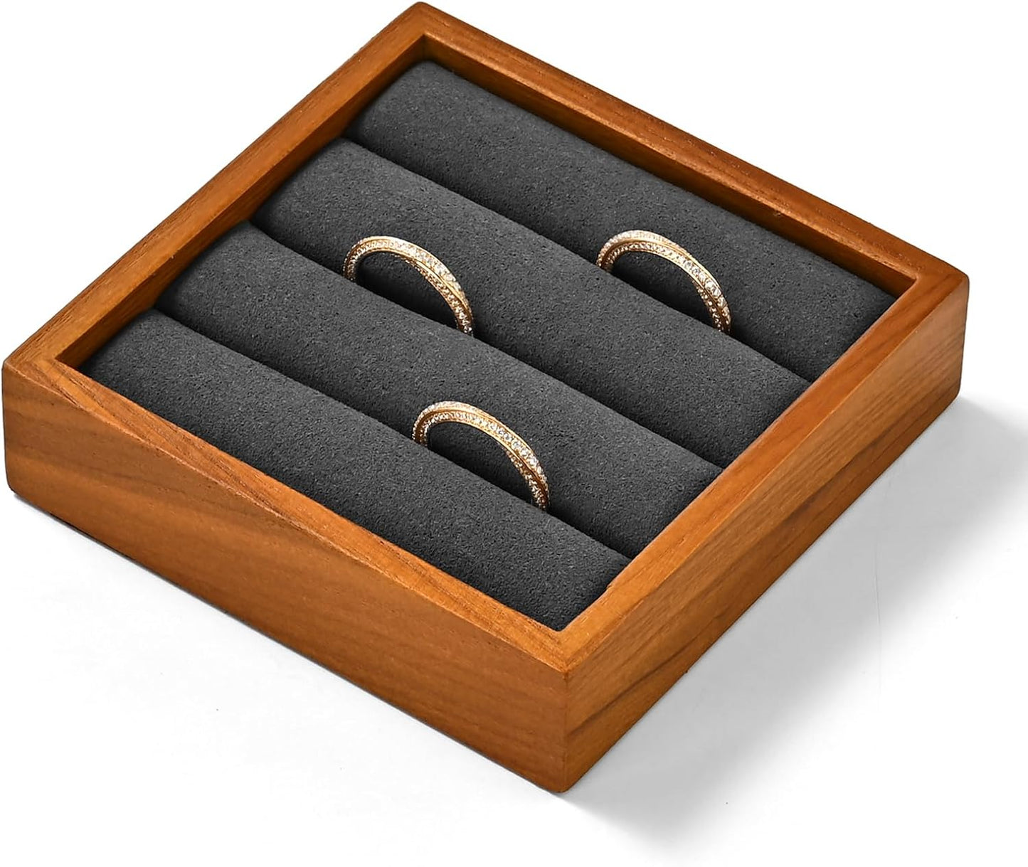 Solid Wood 3-Slots Jewelry Ring Display Tray Showcase Small Jewelry Display Organizer Tray for Rings(S,Grey)