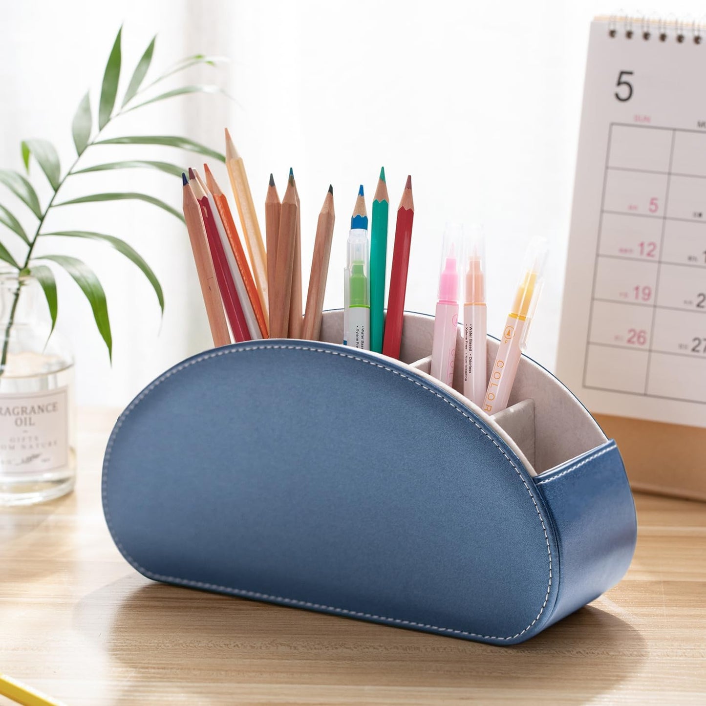 Remote Control Holders Organizer Box with 5 Compartment PU Leather Multi-functional Office Desk Storage Caddy Store Tv Remote for Media Player,Brush,Pencil,Glassees&Office Supplies (Champagne Blue)