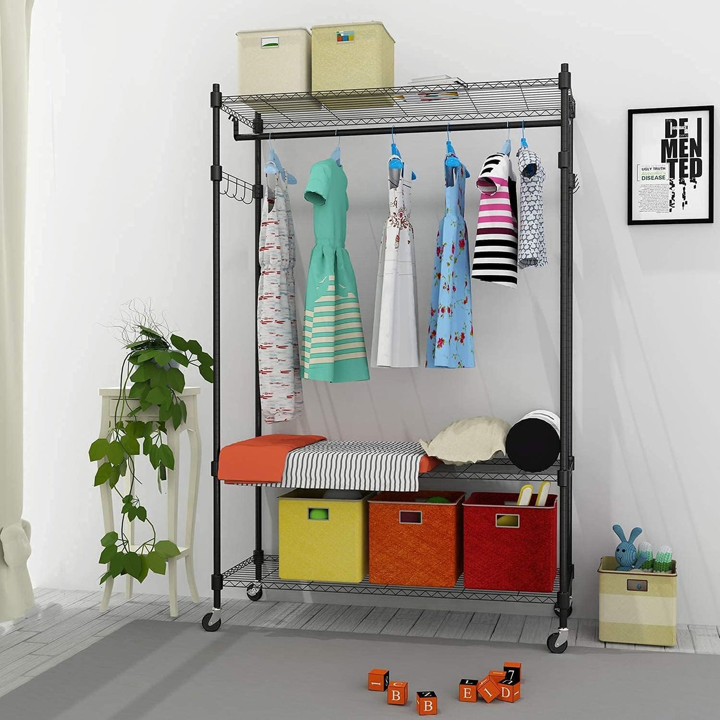 BATHWA Rolling Garment Rack with Adjustable Wire Shelf, 3 Tired Clothes Rack including 1 Clothes Hanging Bar, 1 Roating Hanger Hooks - Hold Up to 400Lbs (Black, 1Rod 1Hook)