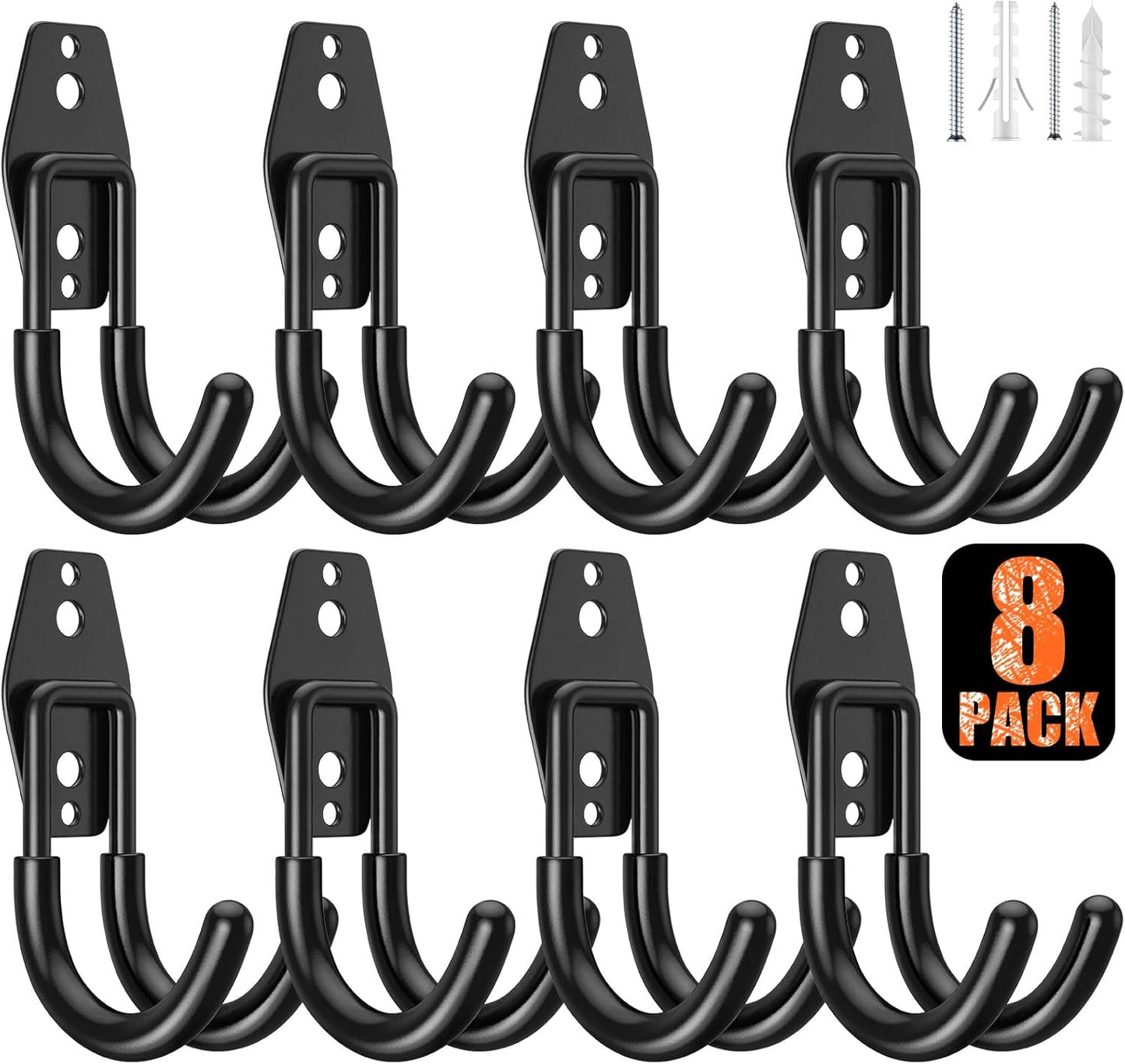 8 Pack 4.7x2.6 inch J Heavy Duty Garage Hooks,Solid Steel Wall Mount Hangers,with Anti-Slip Coating,for Hanging and Organising Ladder,Bike,Ropes,Broom,Garden,Yard and Power Tools
