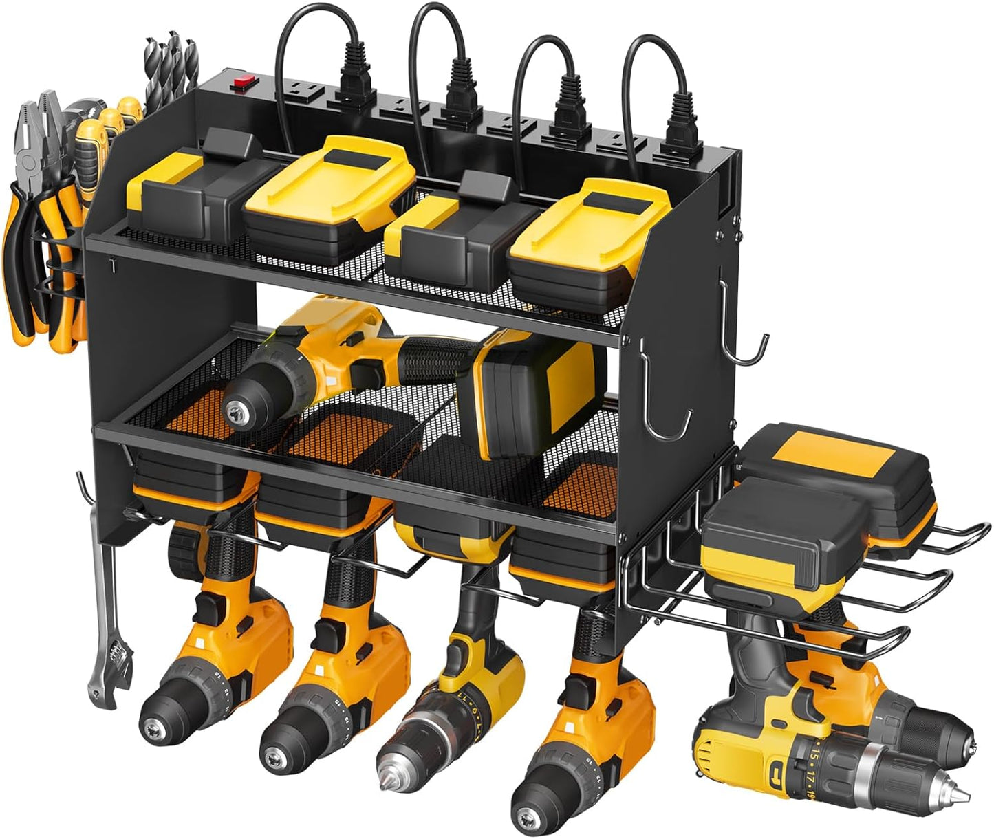 CCCEI Modular Power Tool Organizer Wall Mount Charging Station, Black 6 Drills Holder with 8 Plug Power Strip 10FT, Garage Drill Battery Heavy Duty Metal Shelf, Utility Rack with Hooks, Side Storage.