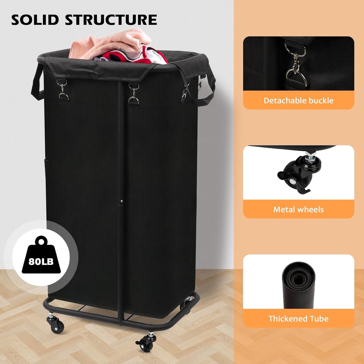 Longzhuo 47.55 Gal(180L) Rolling Laundry Basket With Wheels, Laundry Hamper With Wheels, Metal Wheeled Laundry Basket for Laundry, Hotel, Bedroom & Laundry Room Organization, Black