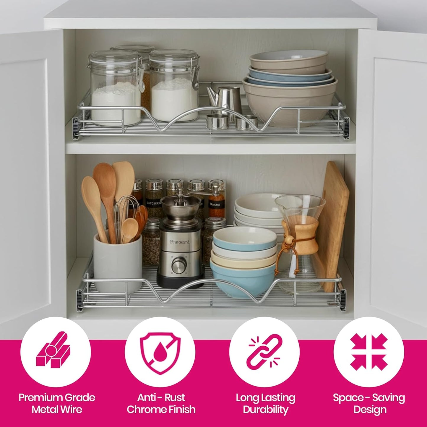 HOLDN’ STORAGE Pull Out Cabinet Organizer, Heavy Duty Caddy w/Lifetime Limited Warranty - 8”W x 21”D - Requires At Least 9-1/4” Cabinet Opening, Steel Metal Cabinet Drawers Slide Out, Chrome