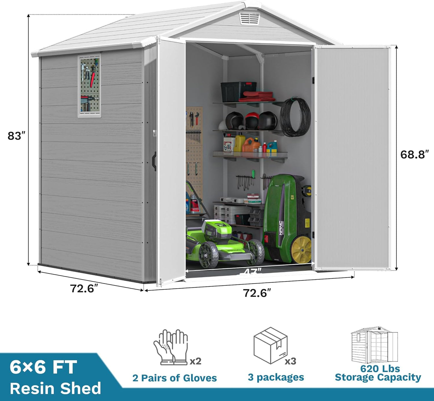Devoko 6x6 FT Plastic Outdoor Storage Shed - Lockable Resin Tool Shed with Window & Floor - Easy Assembly for Garden, Backyard, Light Gray
