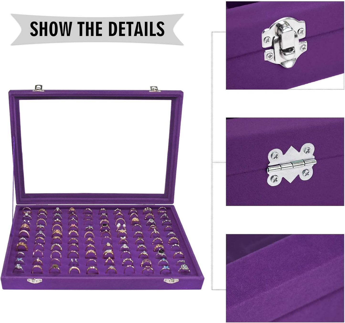 Ring Display Tray Organizer Box with Transparent Lid, 100 Slot Ring Holder Showcase For Store Display Jewelry Show Home, Ring Organizer For Jewelry Rings, Studs Earrings (Purple)