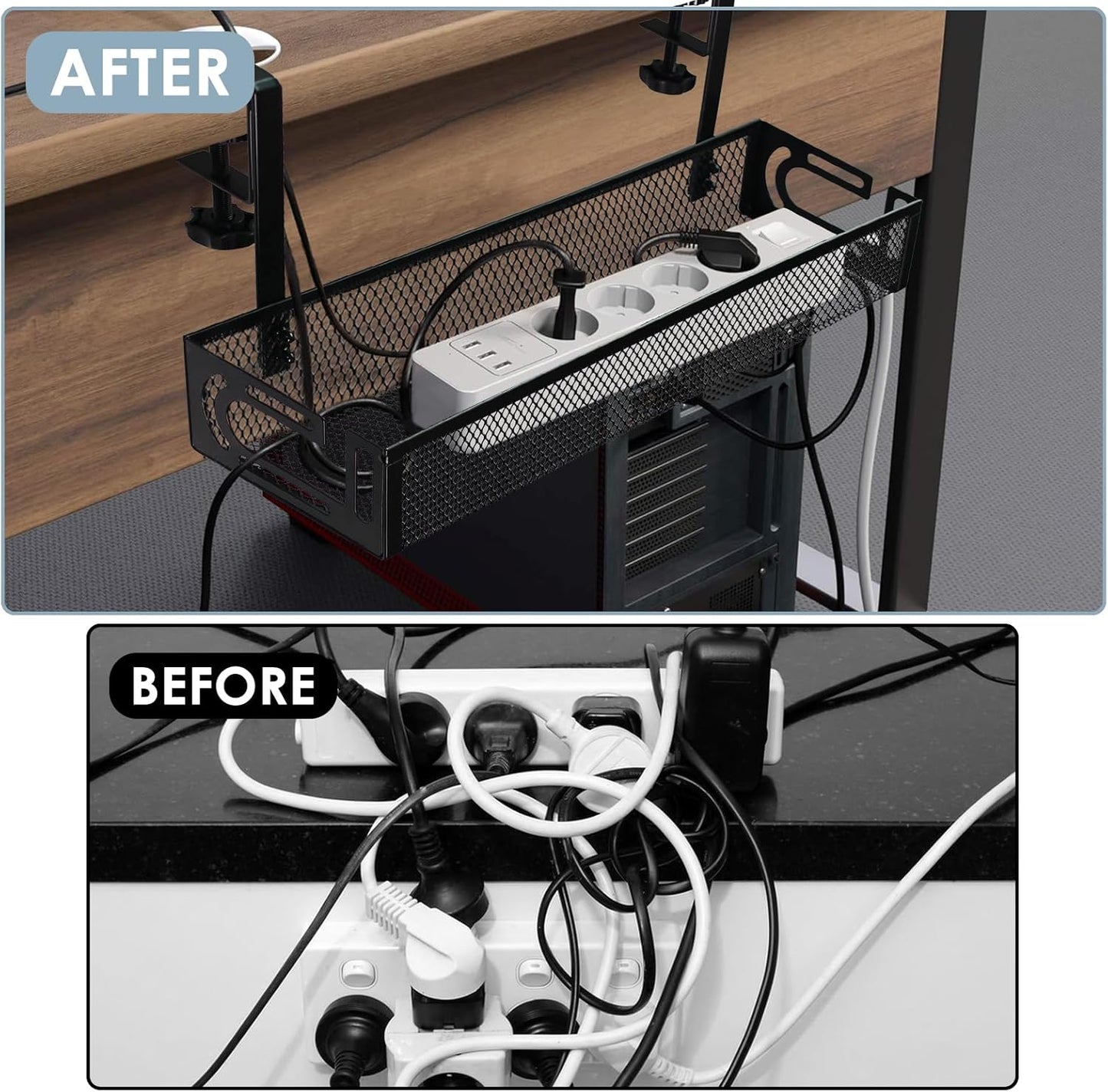 Under Desk Cable Management Tray, Cable Management Under Desk No Drill, Wire Management Tray with Clamp, Cord Organizer for Home Office, Black
