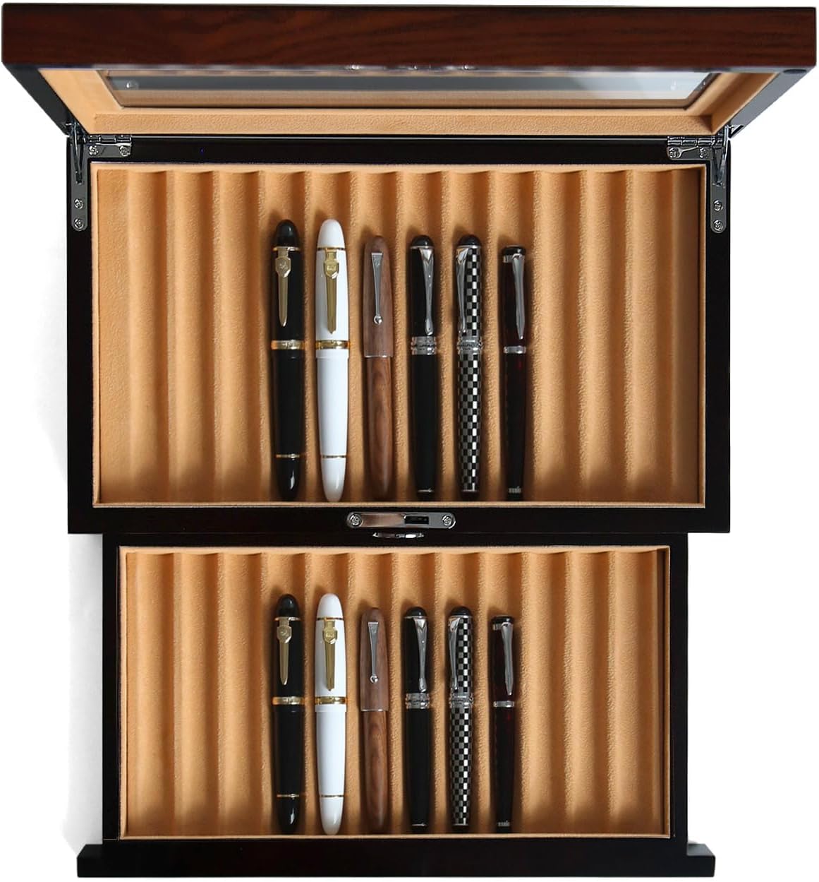 Wood Fountain Pen Case, 24 Slot Storage Organizer with Drawer, Glass Top Display Box for Collection