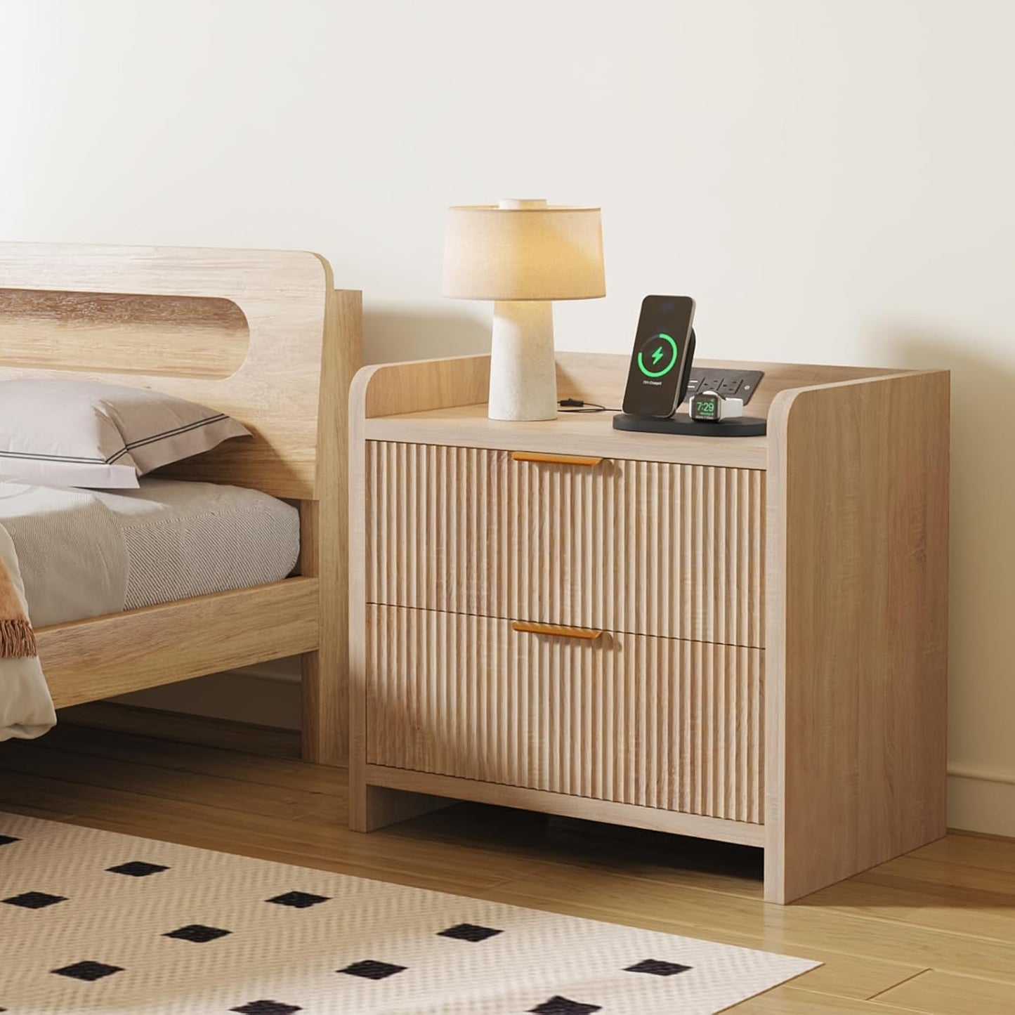 Fluted Nightstand with Charging Station, 23.6" Modern Night Stand with 2 Drawers, Side Table with Storage, Bedside Table for Bedroom, Living Room, Natural Oak