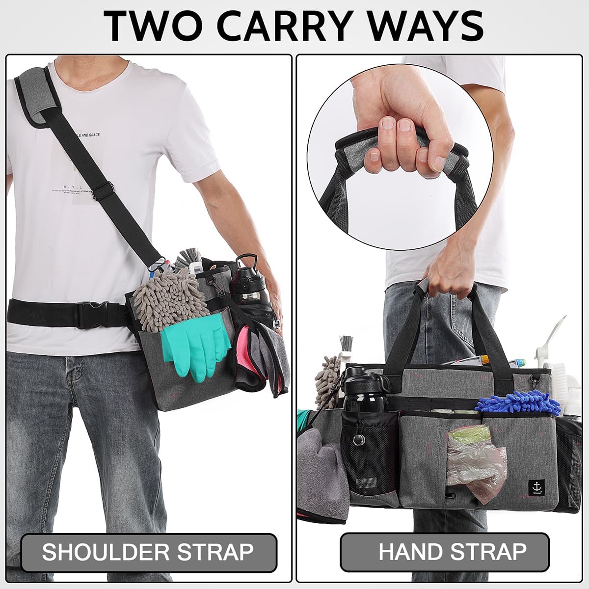 Large Cleaning Caddy Bag Built-in Sturdy Support Board, Cleaning Organizer with Detachable Divider, Cleaning Supply Tote with Adjustable Shoulder Strap&Waist Belt for Cleaners & Housekeeper