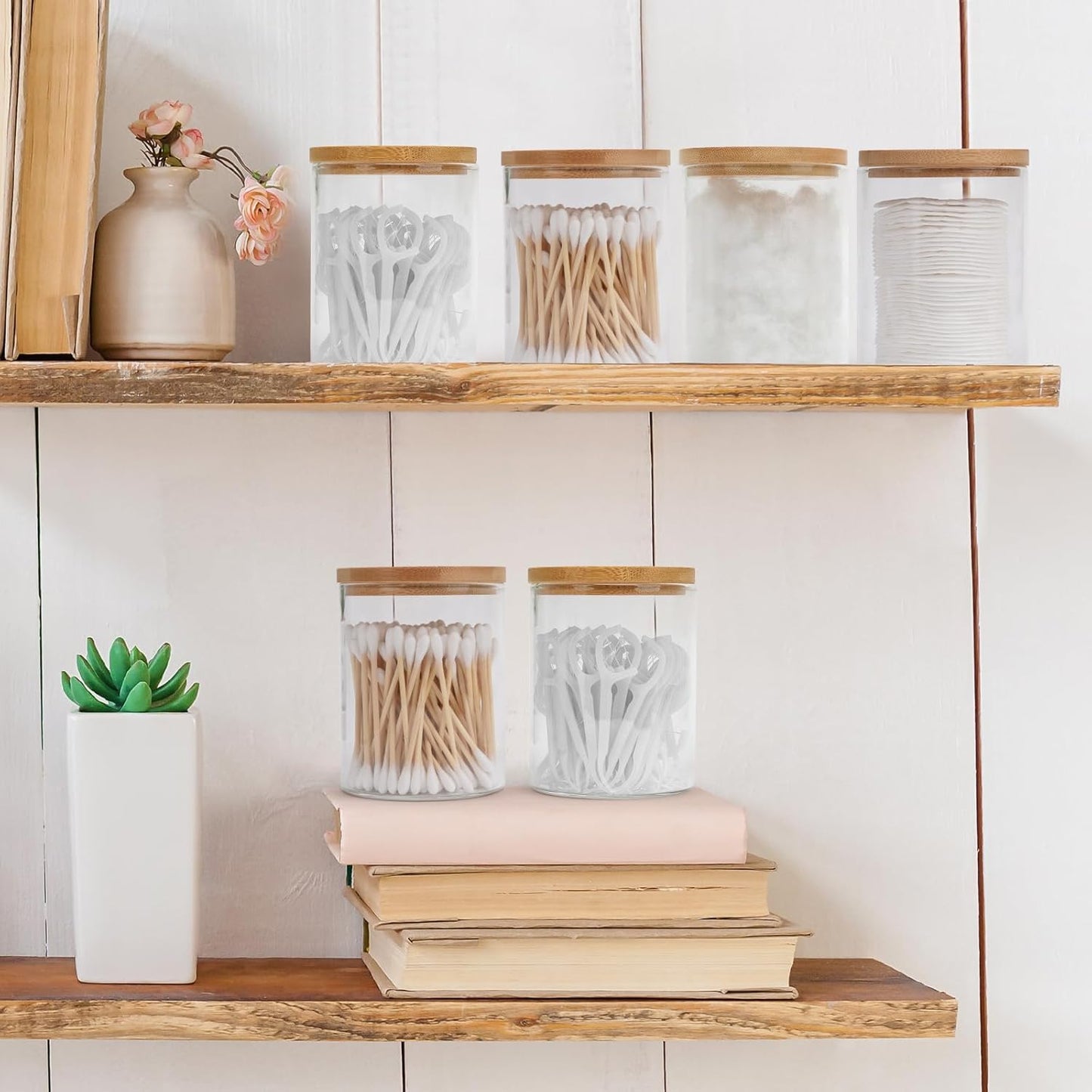 6 Pack Glass Qtip Holder Dispenser Set - Apothecary Jars with Lids for Vanity Makeup Organizer - Bathroom Canister Storage Organizer
