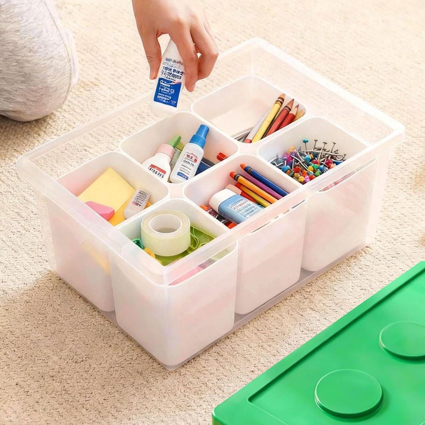 loobuu Plastic Storage Bins with Lids, Art Craft Supply Organizer Box with Brush Pot, Multipurpose Stackable Storage Containers for Organizing Tool, Craft, Crayon,Sewing (Green)