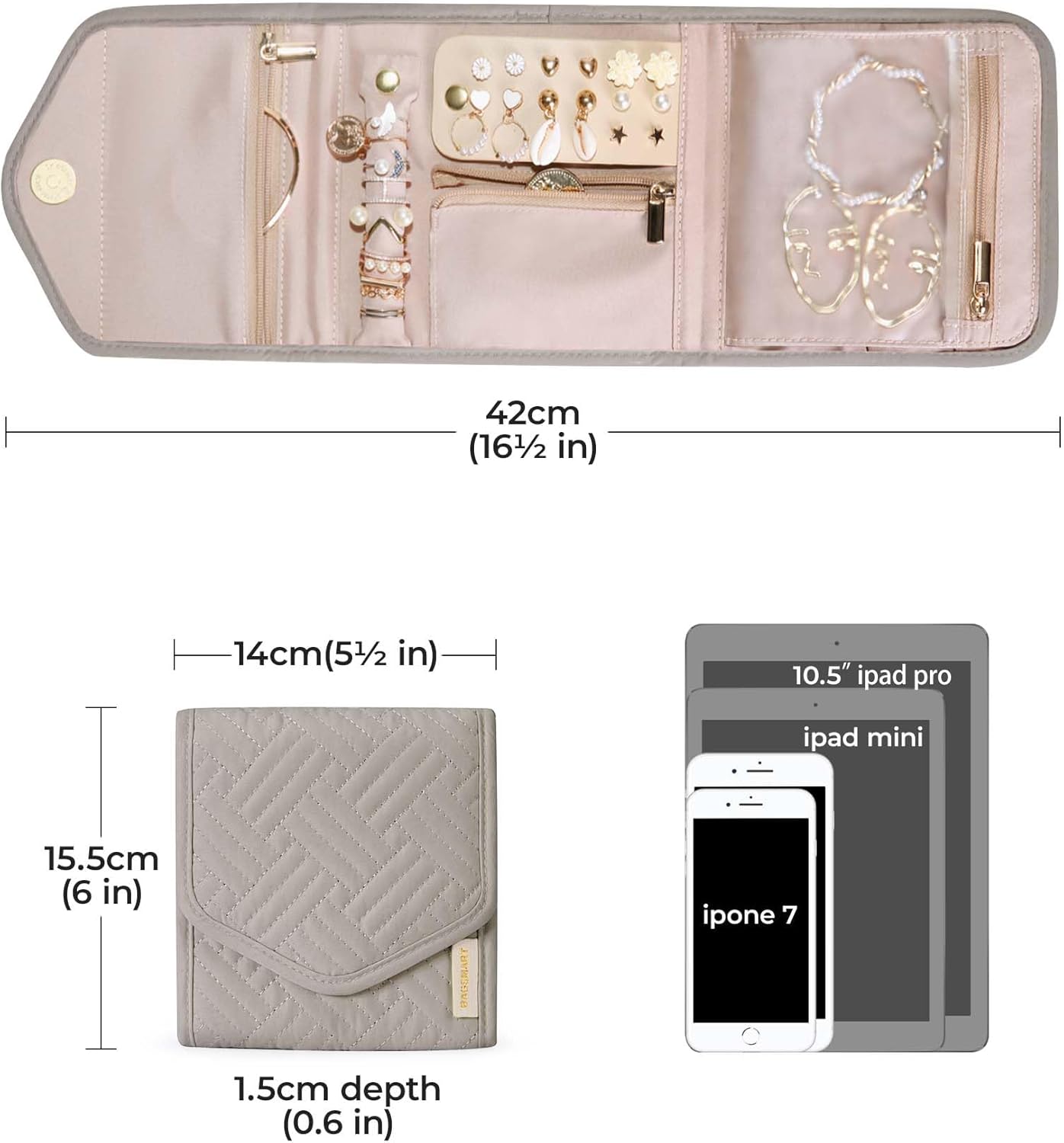 BAGSMART Travel Jewelry Organizer Case Foldable Jewelry Roll for Journey Rings, Necklaces, Earrings, Bracelets,Mini,Warm Gray