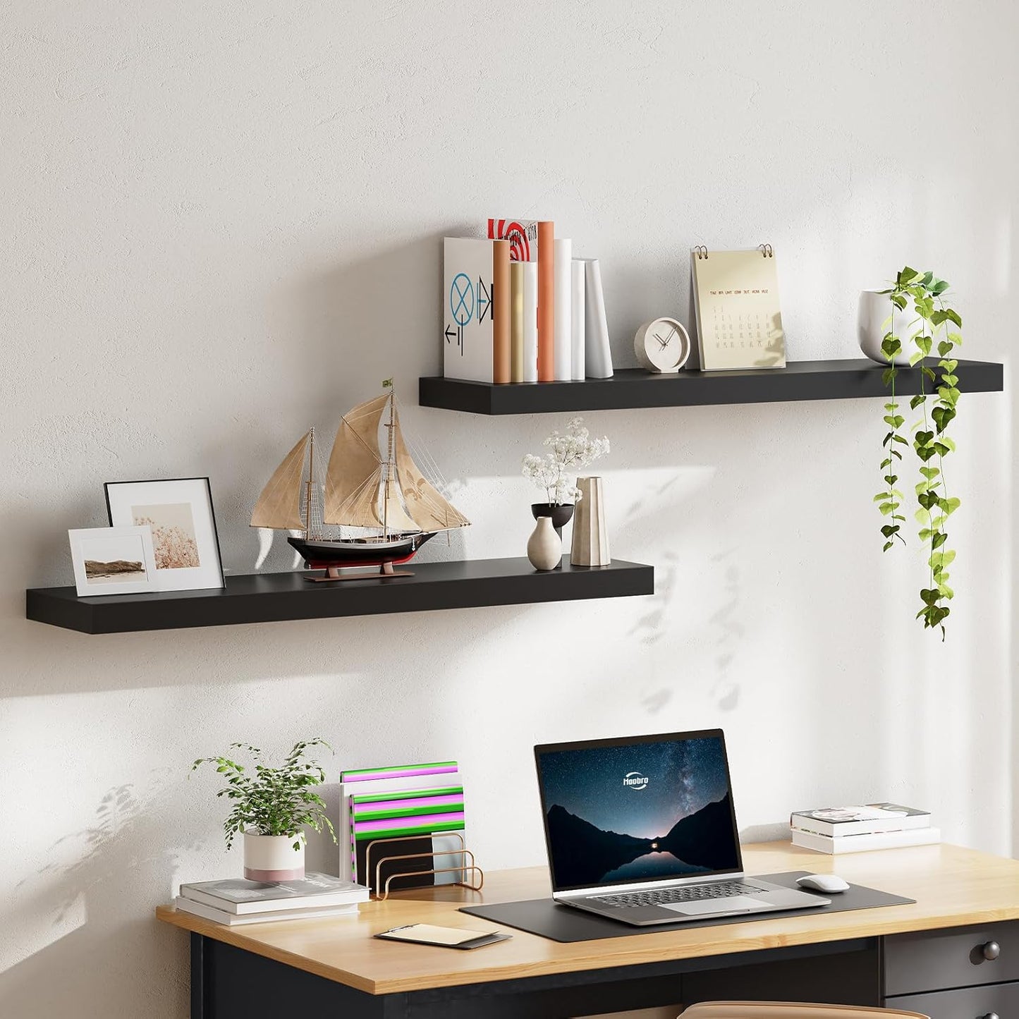 HOOBRO Floating Shelves for Wall, Wall Mounted Shelf Set of 2, 39.4" Hanging Shelf with Invisible Brackets, for Wall in Bathroom, Bedroom, Toilet, Kitchen, Living Room, Office, Black BK100BJP201