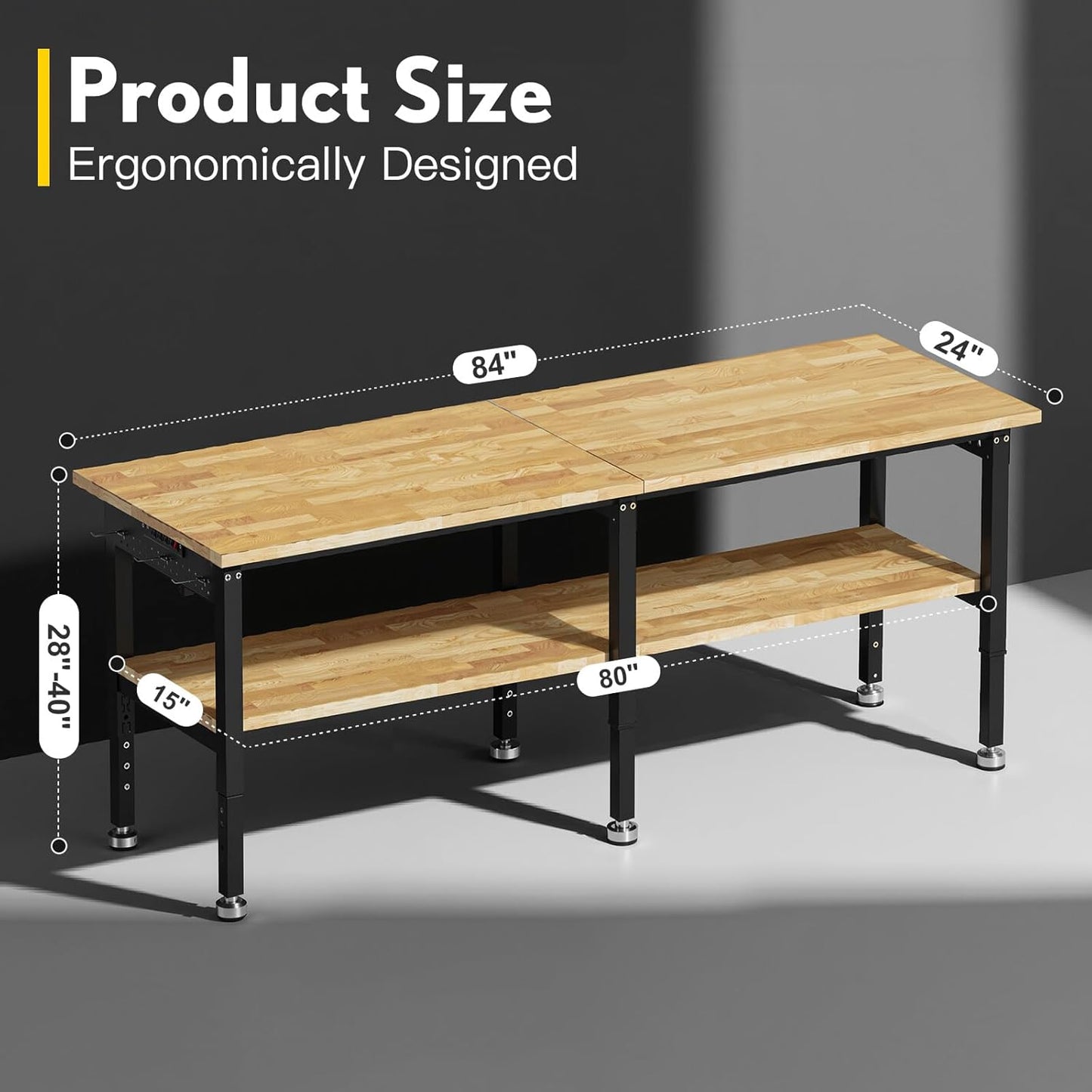 84” Adjustable Work Bench, 2-Layer Heavy Duty Workbench, 6000 LBS Capacity Workbench with Pegboard & Power Outlet, Rubber Wood Work Table for Garage, Office, Workshop, Home