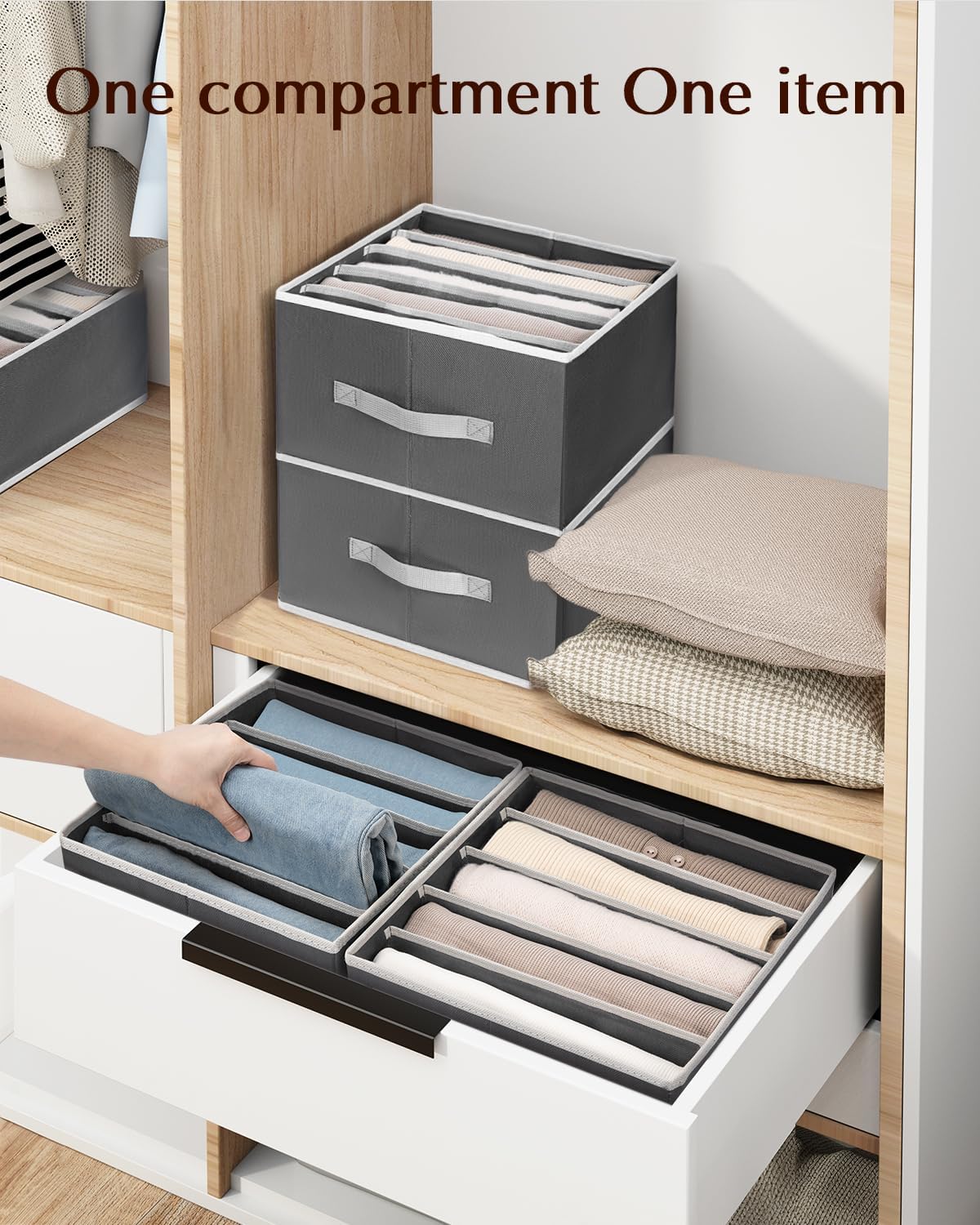 Clothes Organizers and Storage - Fabric Jeans Organizer with Handles, Foldable Drawer Dividers for Clothes, Closet Shelf Organizer for Shirts, Bra, Sweater, Scarf, 6 Pack, Dark Grey