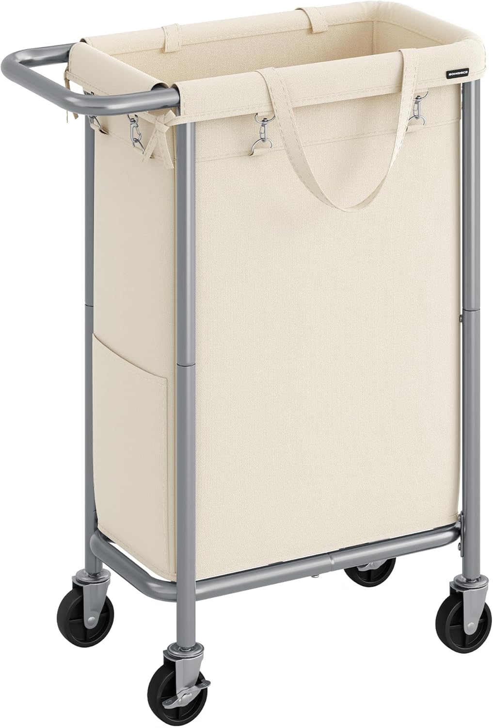 SONGMICS Laundry Basket with Wheels, Rolling Laundry Hamper, 23.8 Gallons (90 L), Removable Liner, Steel Frame with Handle, 24 x 11.4 x 31.9 Inches, Cream White URLS003W01