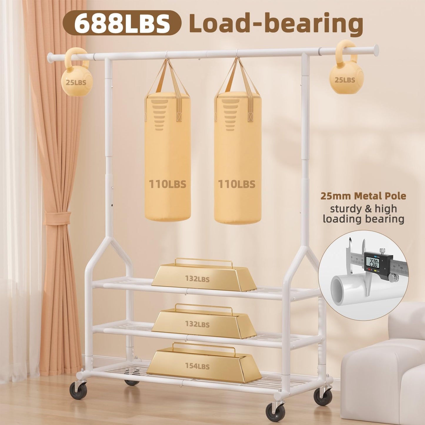 EAGMAK Heavy Duty Clothes Rack Load 688 LBS, Rolling Clothing Rack With 3 Shelves, Adjustable Metal Clothes Hanger with Wheels Portable Wardrobe Organizer Garment Rod for Hanging Clothes (White)