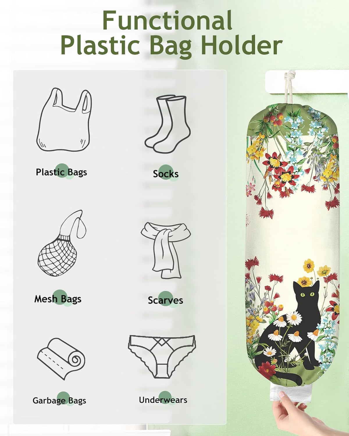 Plastic Bag Holder, Grocery Bag Organizer - 1 Pack Cute Kitchen Dispenser Holders Reusable Shopping Western Hanging Wall with Adjustment Drawstring Closure for Women Home, Black Cat