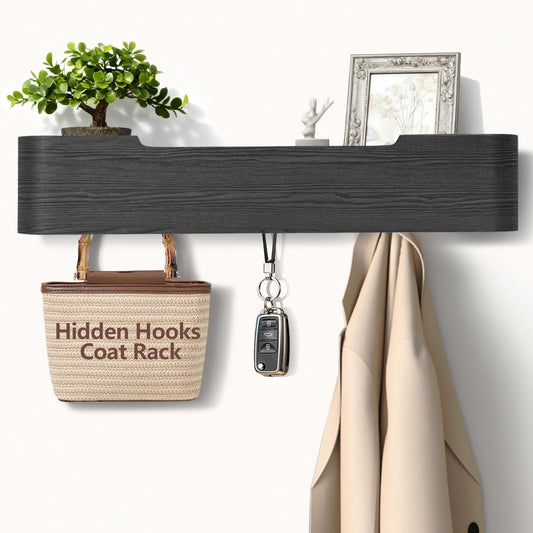 Coat Rack Wall Mount with Hidden Hooks Modern Key Holder Wood Entryway Hook with Shelf for Bedroom Kitchen Hallway Bathroom Designed for Hanging Coats Hats Bags Towels Dog Leashe(Black,5 Hooks)