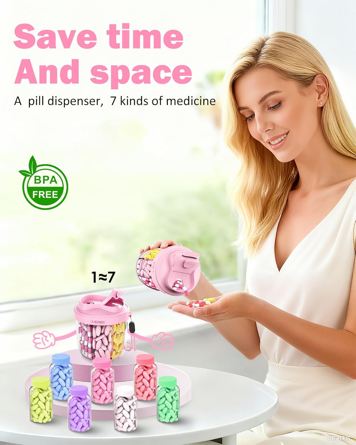 Cute Pill Organizer,Pill Dispenser with 7 Large Compartments,Portable Pill Bottle Box with Wide Opening for Easy Use, Anti-Mix Pills Organizer for Travel,Includes 20 Pcs Sticky Labels（Pink）