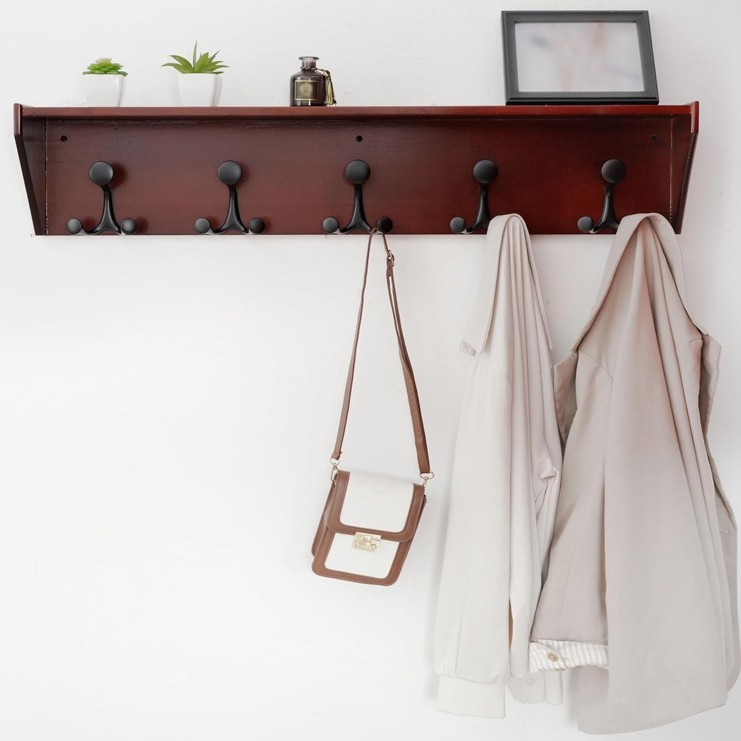 WEBI Wall Shelf with Hooks Underneath,35” Long Wall Mounted Coat Rack with Shelf,Entryway Coat Rack with 5 Triple Hooks for Hanging Coats,Jacket,Hallway,Bedroom,Mudroom,Cherry