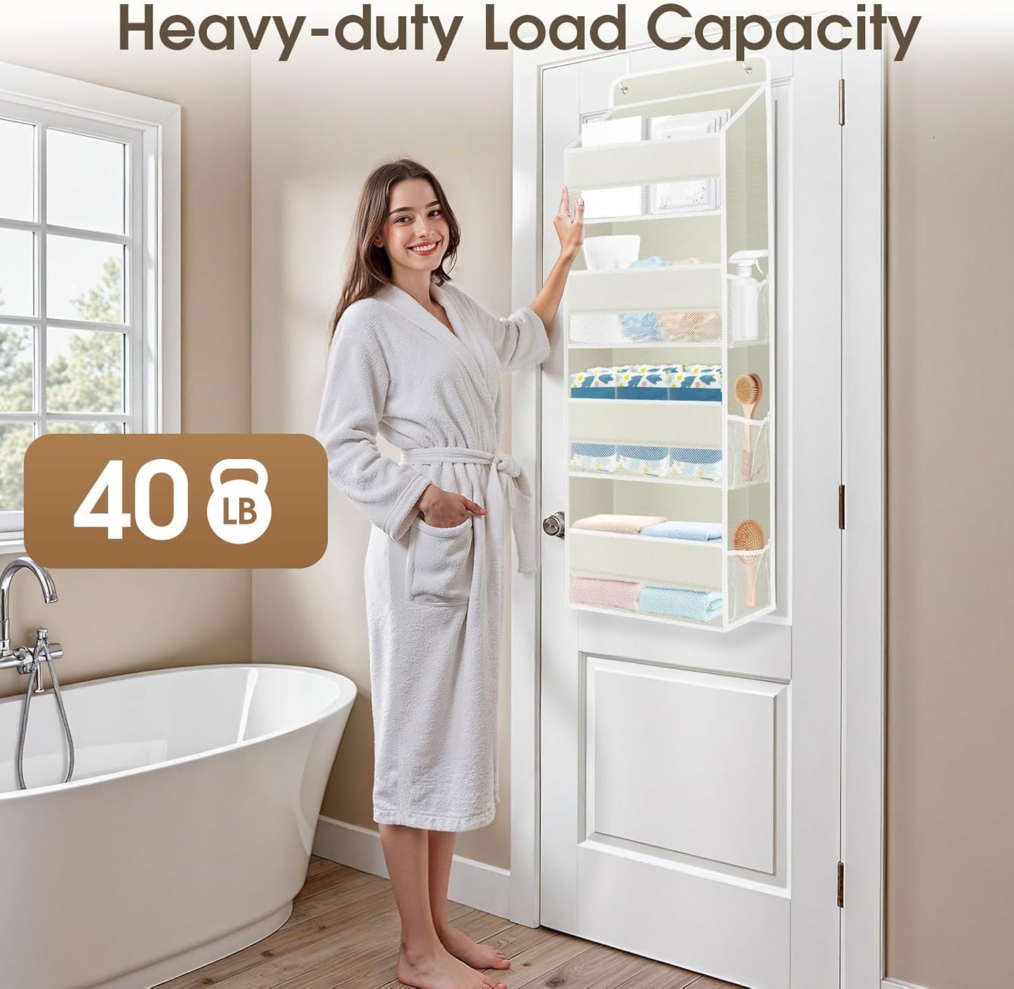 2 Pack Over The Door Organizer, Hanging Storage Organizer with Clear Window, 40lb Ultra Sturdy Large Capacity Room Organizer for Pantry Laundry Bathroom Nursery Closet (Beige)