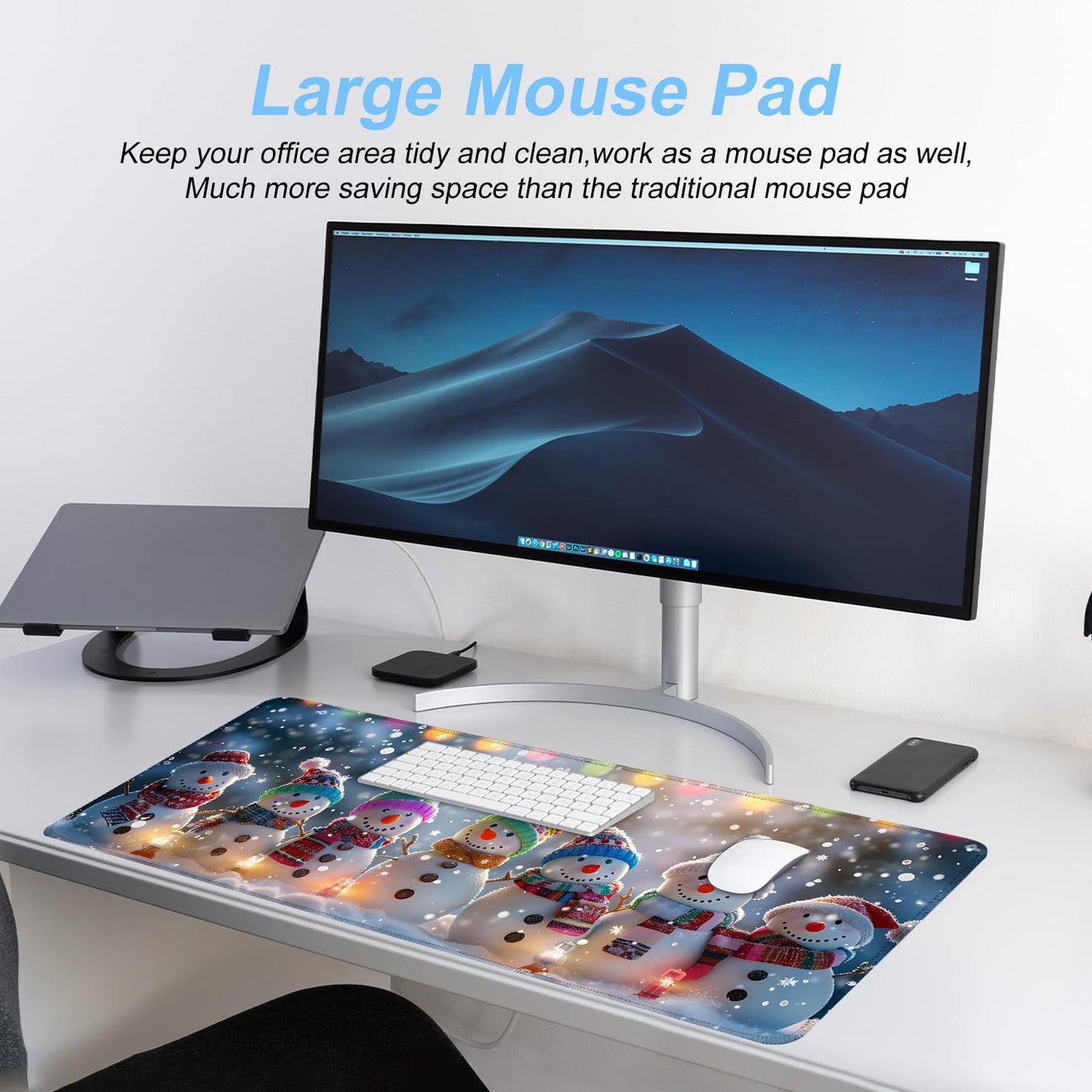 Snowman Christmas Mouse Pad XXL – Large Holiday Desk Mat with Cute Snowmen & Lights, Extended Non-Slip Mousepad for Office, Gift, Winter Decorations,31.5 x 11.8 in
