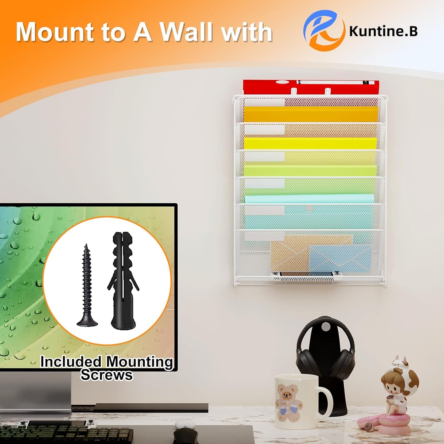 Kuntine.B Wall File Organizer Hanging Magazine Holder (White, 7 Tier)