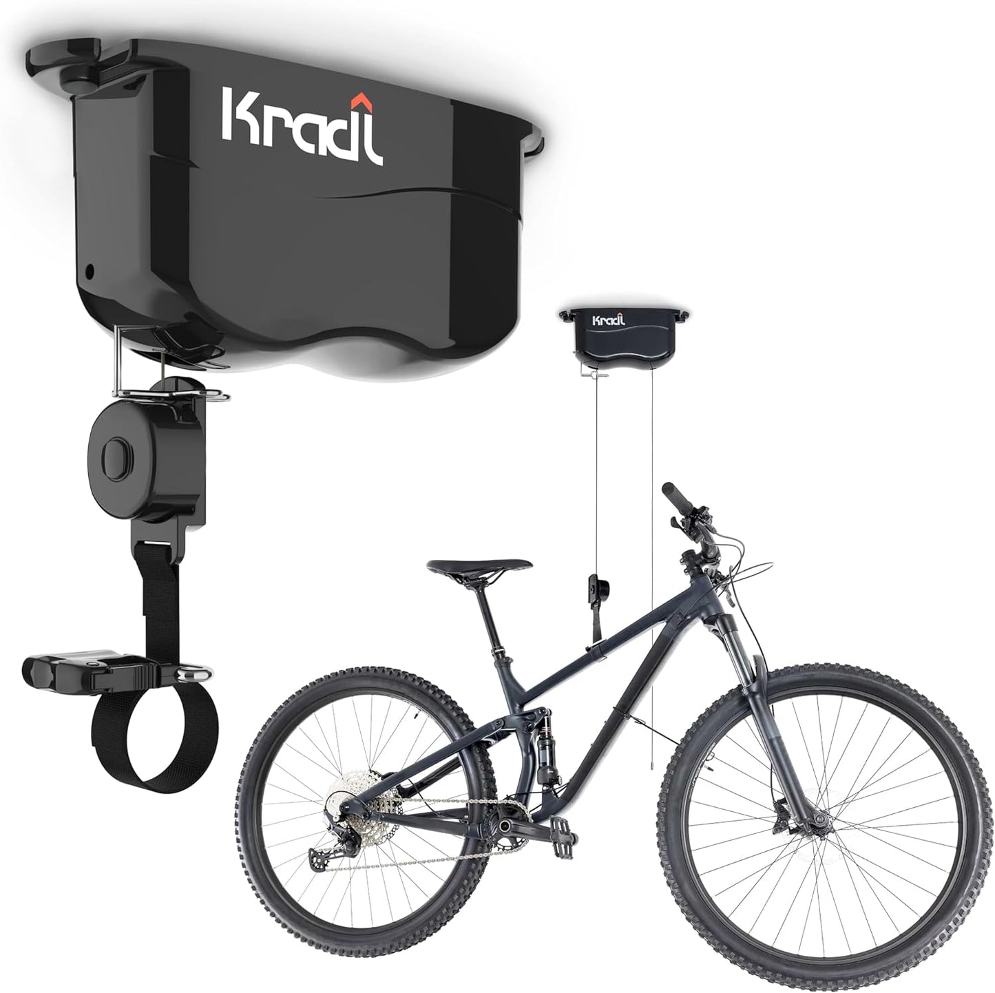 Kradl - Ceiling Mount Bike Lift and Rack. Bicycle Storage Hoist Without Electricity, Clumsy Ropes or Pulleys.