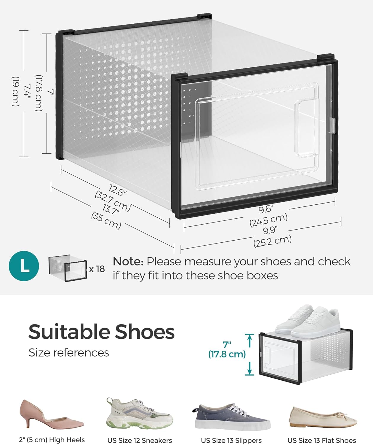 SONGMICS Shoe Boxes, Pack of 18 Shoe Storage Organizers, Stackable Clear Plastic Boxes for Closet, Sneakers, 13.7 x 9.9 x 7.4 Inches, Transparent and Black ULSP007B18