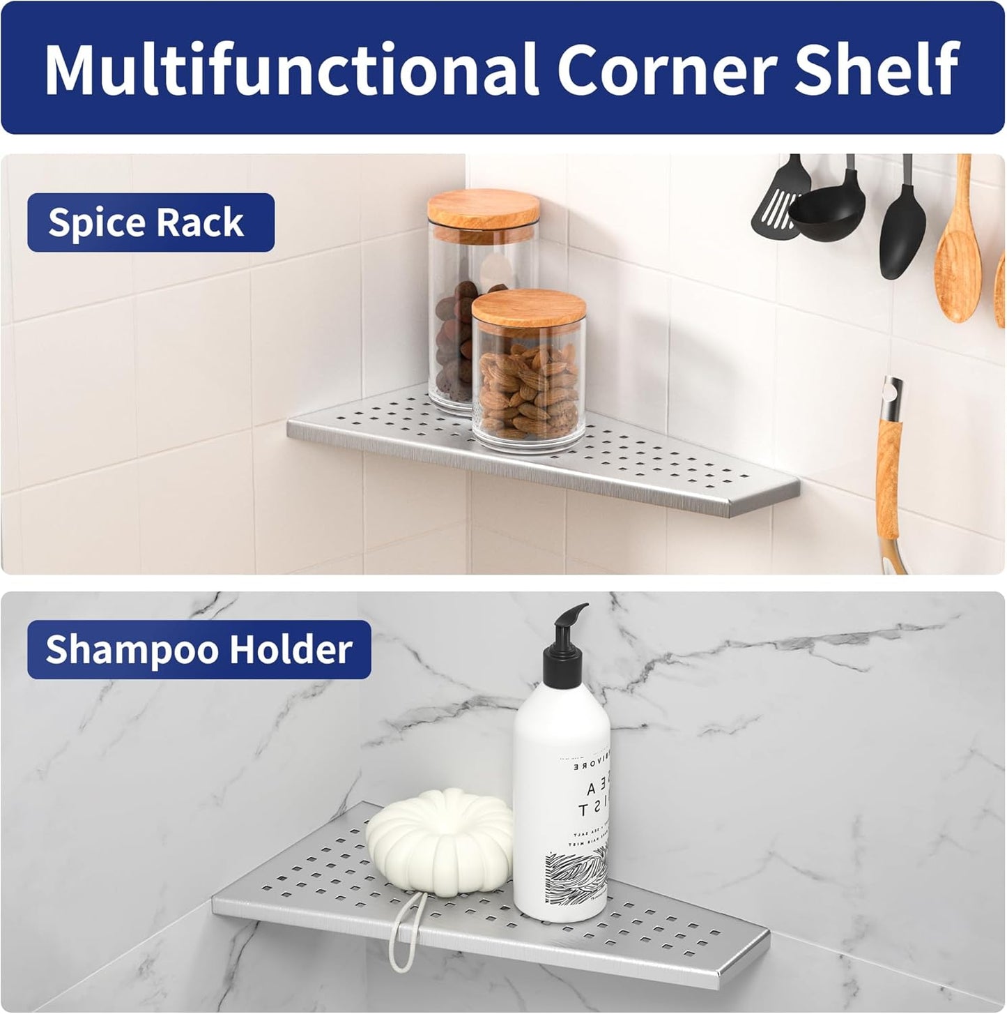 Corner Shower Shelf, 12" Trapezoid Grout in Shelf, 304 Stainless Steel Grid Design Recessed Bathroom Shelf for Tiled Wall
