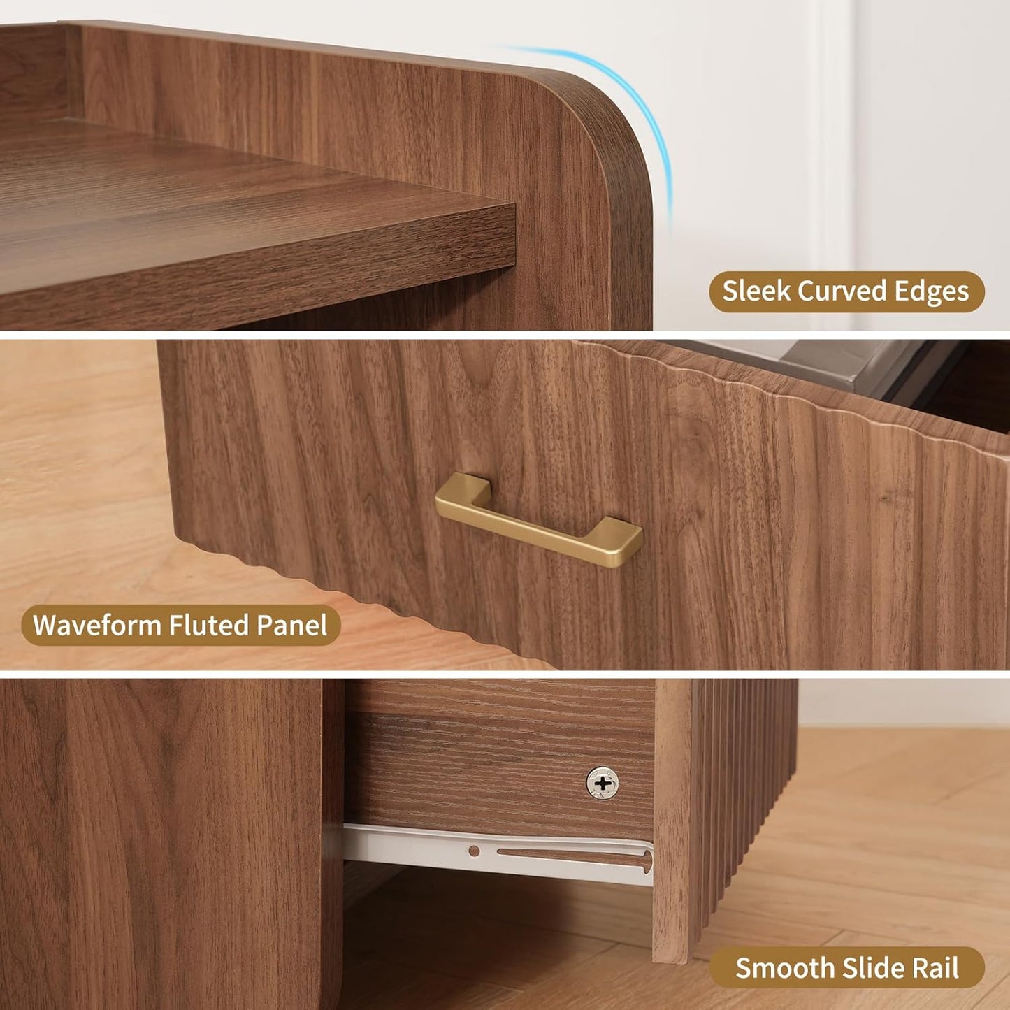 Night Stand with Charger Station, Fluted Wood Nightstand with Drawer Storage, Modern Bedside Table, Wide Nightstands for Bedroom, Mid Century Wooden Night Stands for Home Office Sofa Couch