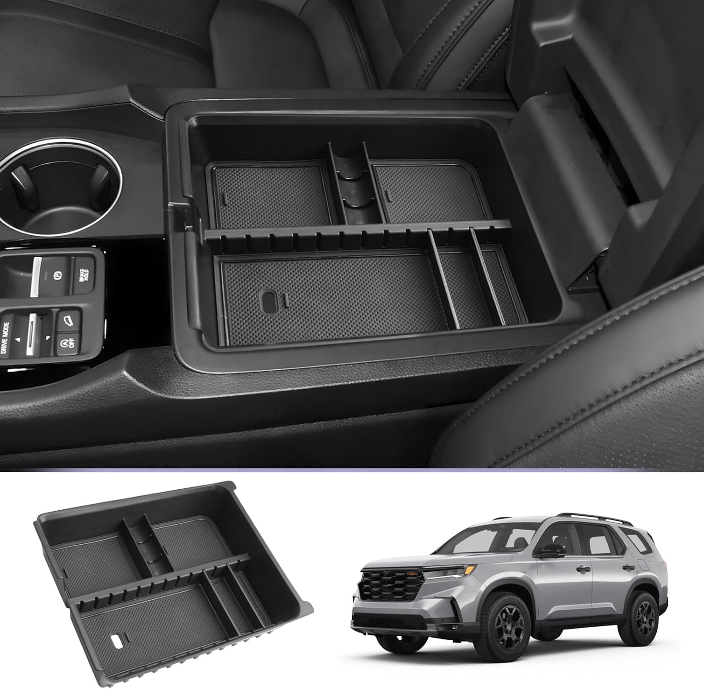 Center Console Organizer Compatible with 2023 2024 2025 Honda Pilot & 2024 2025 Ridgeline & 2024 2025 2026 Honda Passport Accessories Armrest Console Organizer Armrest Organizer Insert Tray (Black A)