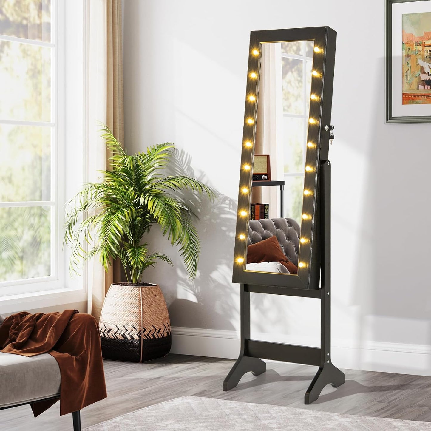 Giantex Standing Jewelry Armoire with Lighted Full Length Mirror, Lockable Jewelry Cabinet Organizer with 20 LED Lights, Adjustable Tilt, Large Storage for Earrings, Rings, Necklaces, Black