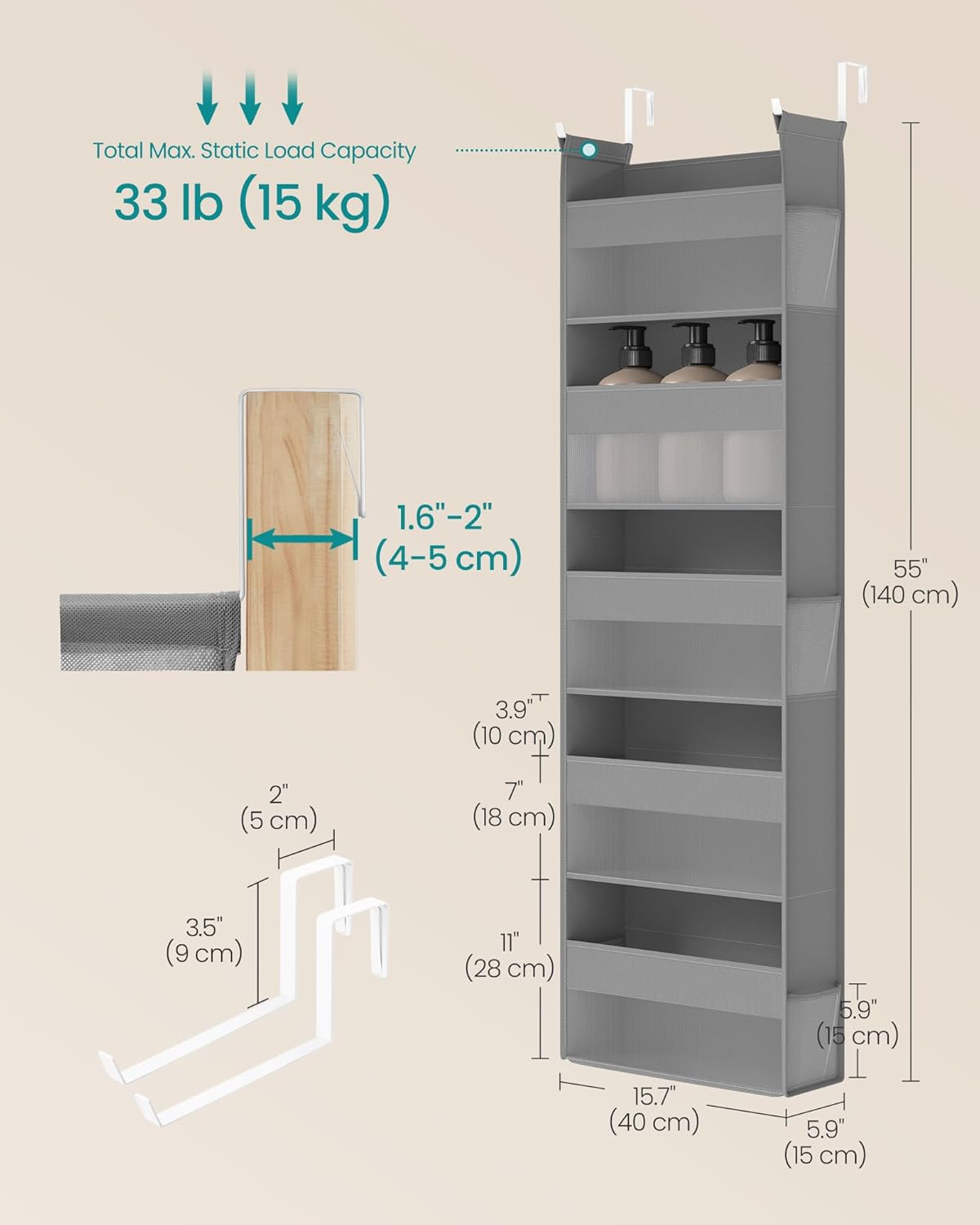 SONGMICS Over The Door Organizers, Set of 2 Hanging Door Organizers with 5 Large Pockets, 5-Tier Fabric Storage, Transparent Nylon Mesh, Foldable, Metal Hooks, with Side Pouches, Dove Gray URDH008G01