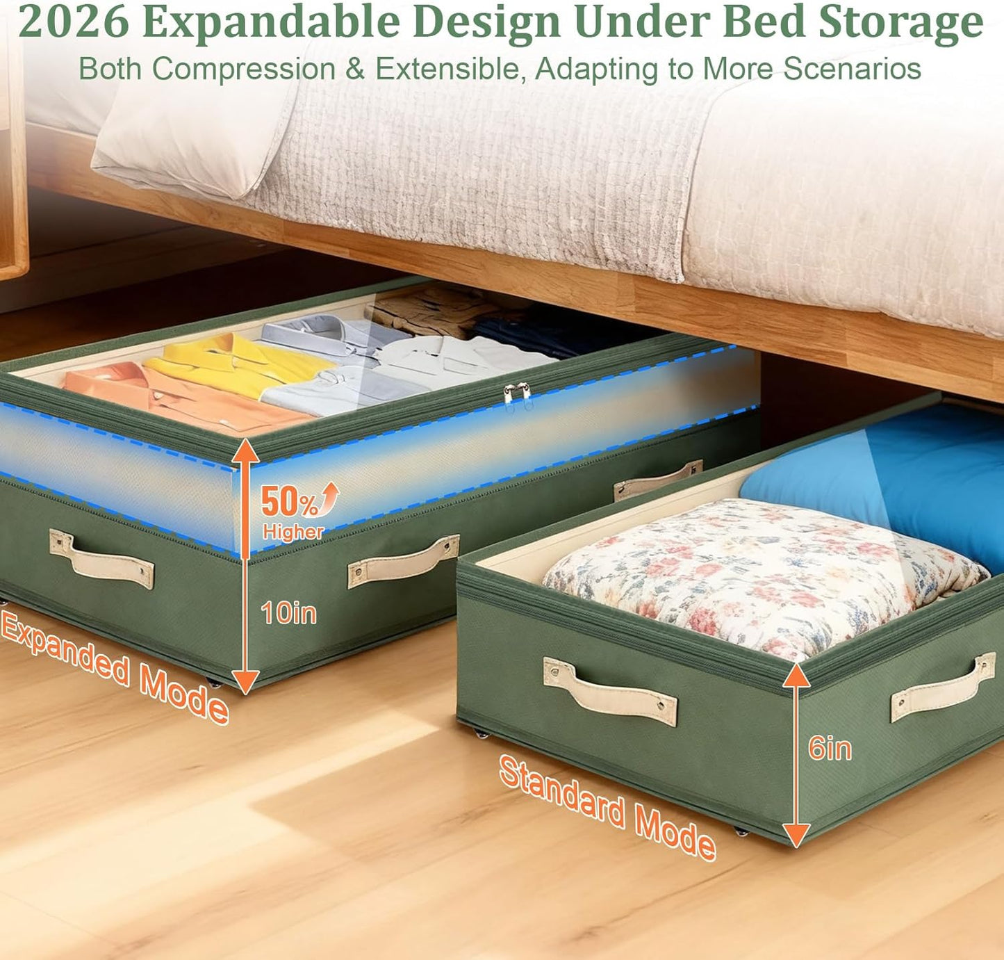 Dolicer 4 Pack Under Bed Storage with Wheels, 6in-10in Height Adjustable Underbed Storage Containers, 92L XXXL Under Bed Drawers Rolling Bin with Clear Lids for Dorm Shoes Clothes Organizers(Green)