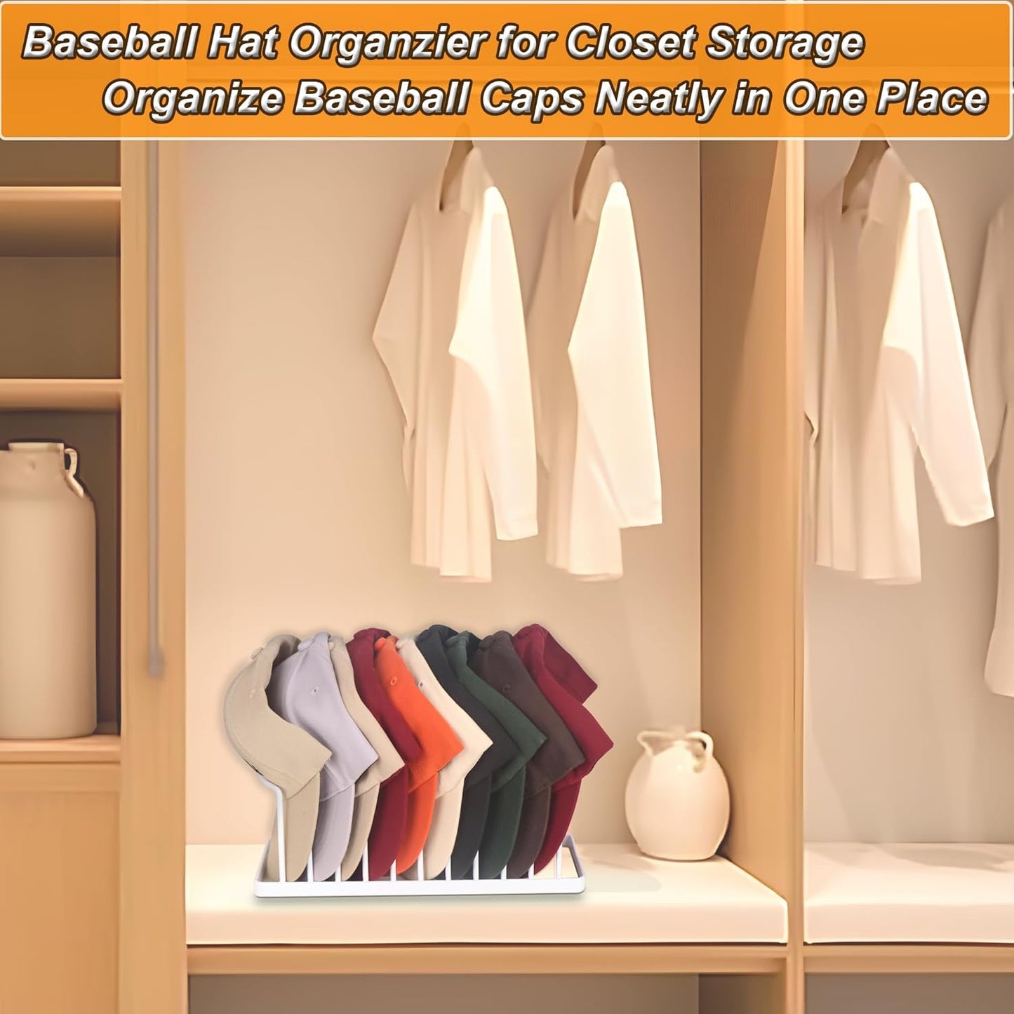 Hat Organizer for Baseball Caps - 2 Pack Space Saving Hat Stand Hold 20 Caps - Premium Metal Hat Rack for Baseball Caps Display & Organizer - No Install Hat Holder for Closet