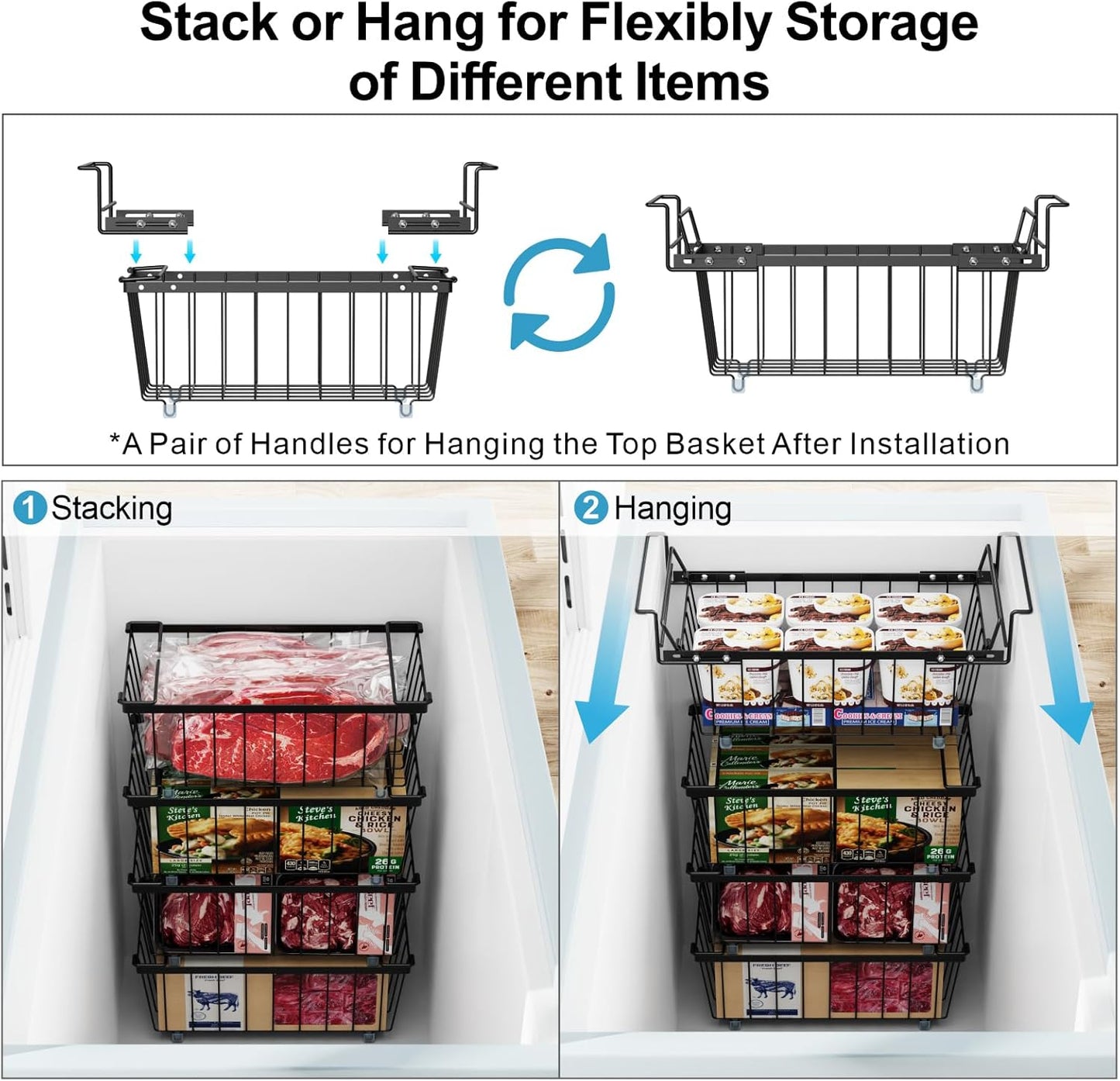 iSPECLE Freezer Organizer Bins - 3 Pcs Small Stackable Baskets & 1 Pcs Hanging Deep Freezer Organizer Bins for 7 Cu.Ft Chest Freezer Easily Gets Bottom Food, Adds Space to Store More Food, Black