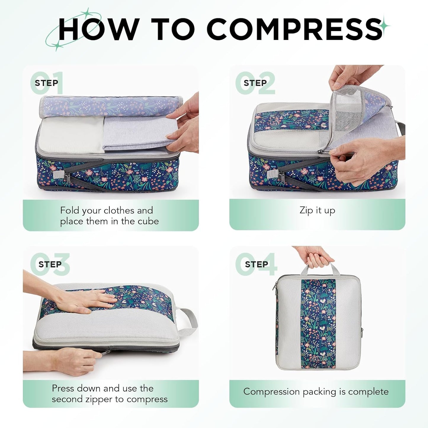6 Set Compression Packing Cubes for Travel Essentials,Compressible Expandable Packing Cubes for Suitcase,OlarHike Luggage Organizer Bags for Travel(Dark Blue Floral)