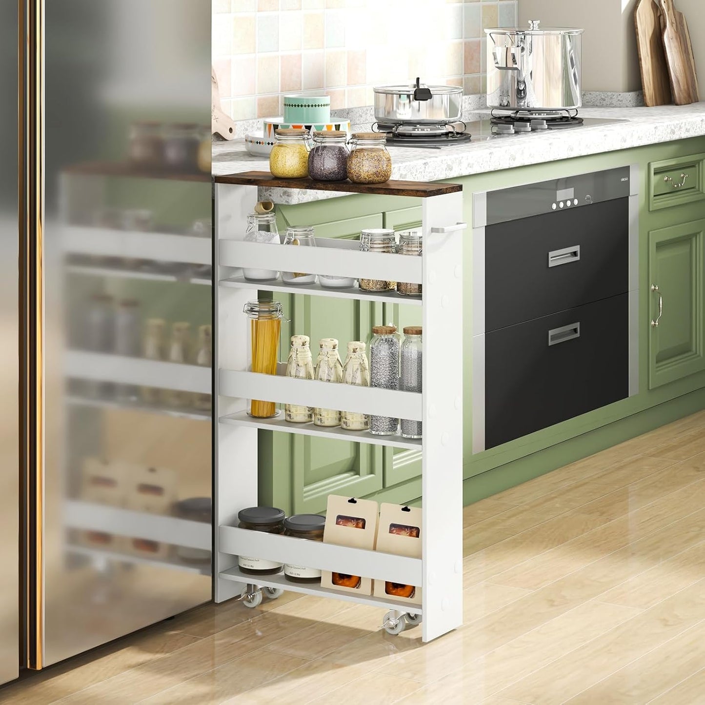 Small Kitchen Cart, 4-Tier Slim Rolling Island w/Handle, Laundry Room Storage Organizers Between Washer and Dryer, Narrow Spice Rack on Wheels Next to Fridge (White & Rustic Brown, 5'')