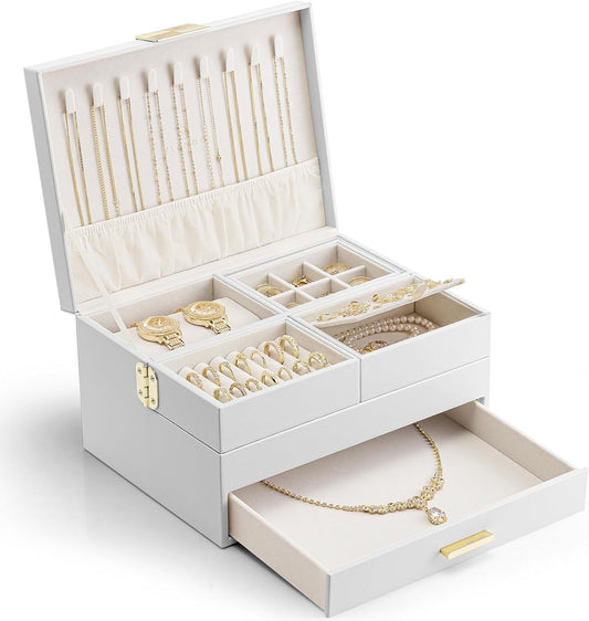 Vlando 3 Layer Jewelry Box - Women Jewelry Box with Retractable Tray - Jewelry Organizers with Drawer for Necklaces, Rings, Bracelets, Earrings, Gift for Couples Mom Girls - White