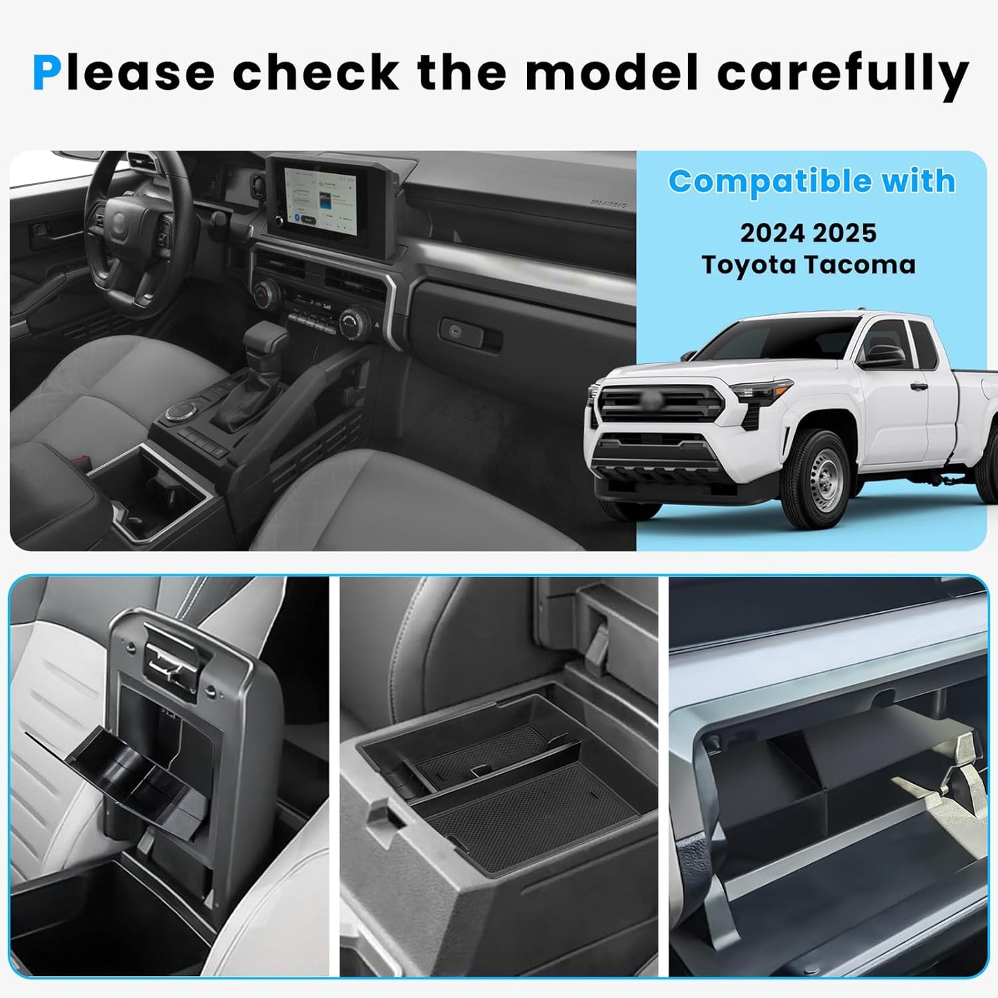 3PCS Center Console Organizer Compatible with 2024 2025 Toyota Tacoma Hidden Storage Tray Armrest Storage Tray Glove Box Compartment Insert Divider Interior Accessories