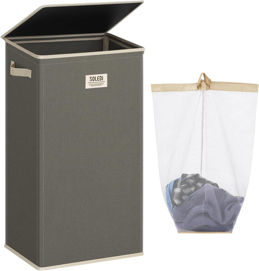 SOLEDI Laundry Hamper with Lid 100L Large & Tall Collapsible Laundry Basket, Clothes Hamper with Bag Removable Easy to Carry, Dirty Hampers for Bedroom, Bathroom, Dorm, College, Cement
