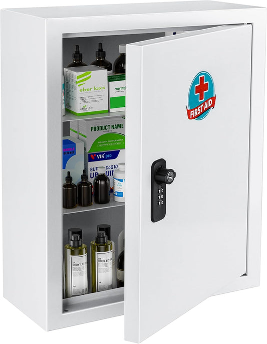 Wall Mounted Metal Medicine Cabinet with Key Lock, First Aid Medication Storage Box, White (Small)