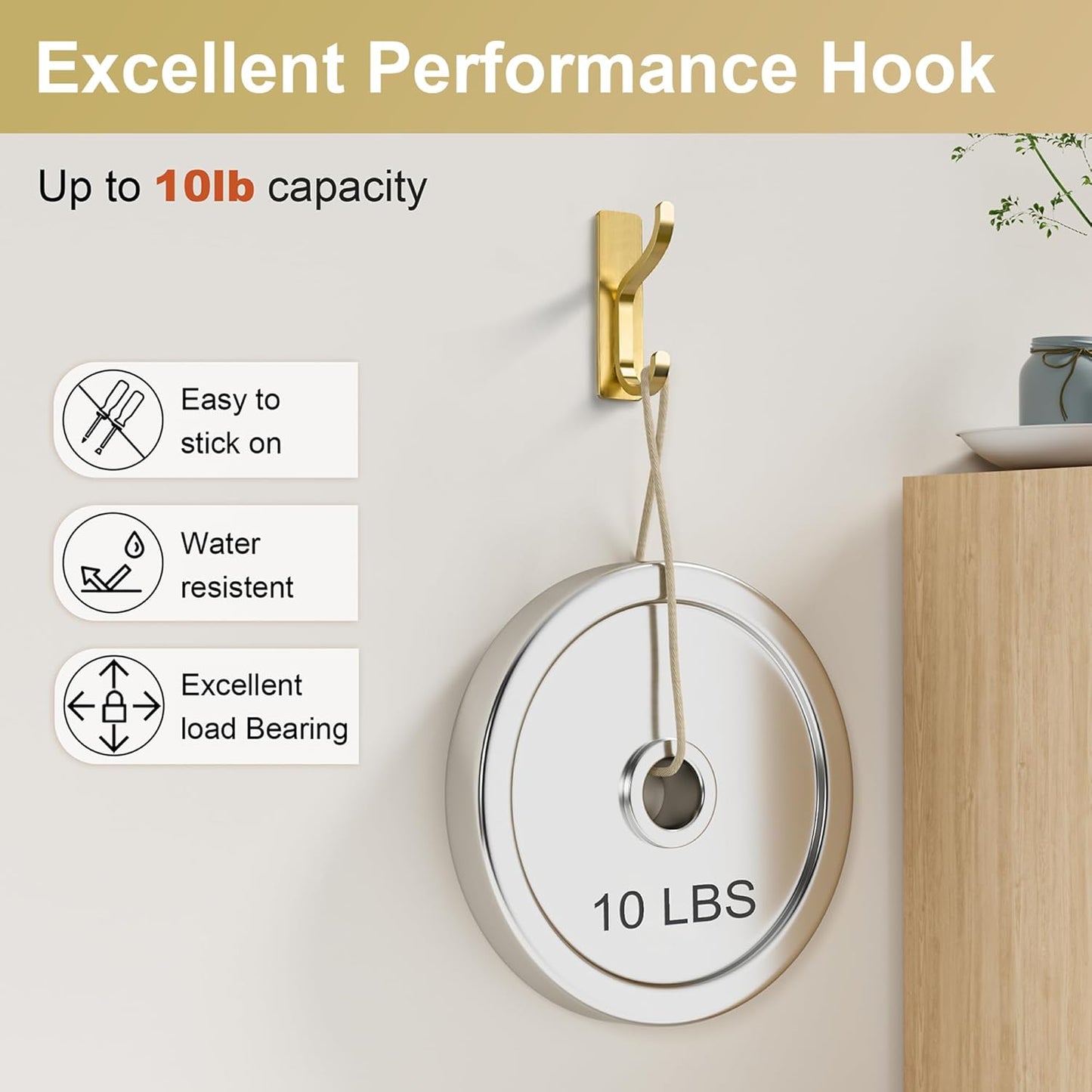 Gold Adhesive Wall Hooks for Hanging - Heavy Duty 13 lb Sticky Towel Hook for Bathroom, Door, Closet, Dorm, RV, Kitchen, Hanger for Coats, Bags, Keys, Purse, Clothes - Stainless Steel, 4 Pack